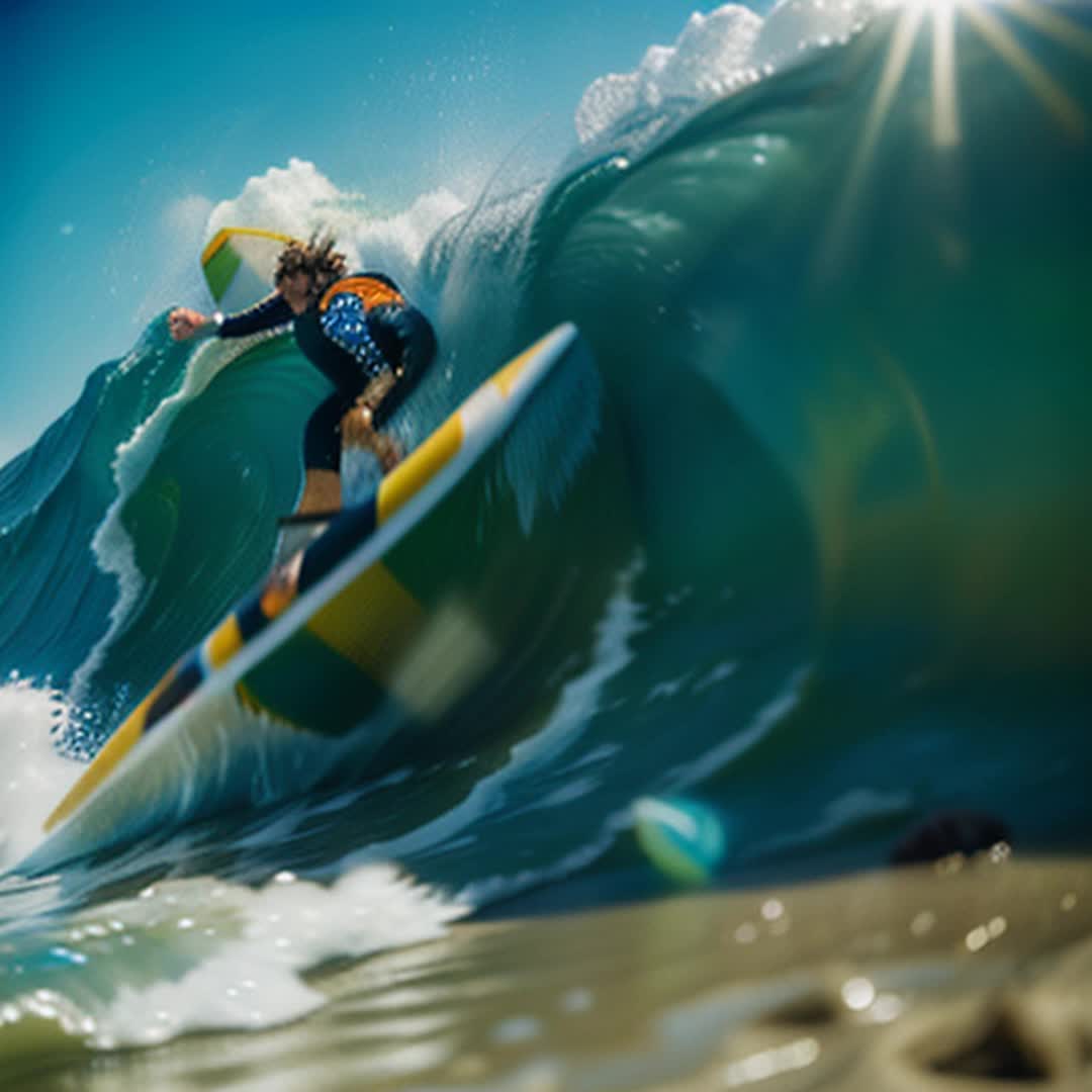 Surfer riding wave, perfectly balanced on surfboard, ocean waves crashing behind, bright sun overhead, sparkling water reflections, dynamic motion, intense energy, vibrant colors, sundrenched beach in background, spray of water captured midair, extreme sports action shot, wideangle view, high detail, cinematic quality, by art germ, soft shadows for enhanced depth, rendered by octane