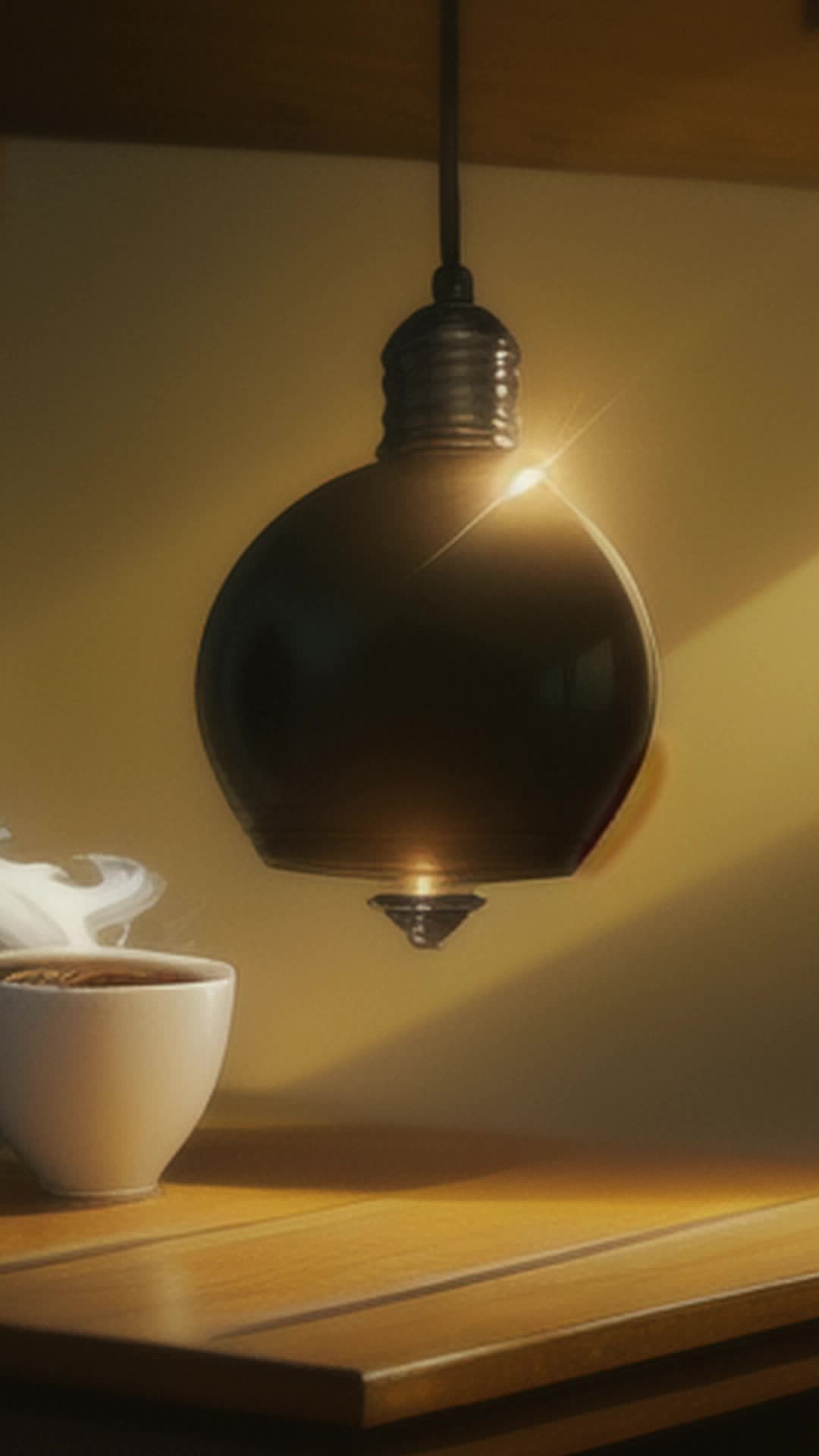 a very dark room where there is a small lightbulb hanging from the ceiling shining on a cup of smoking coffee on the table, the scene is at an above angle