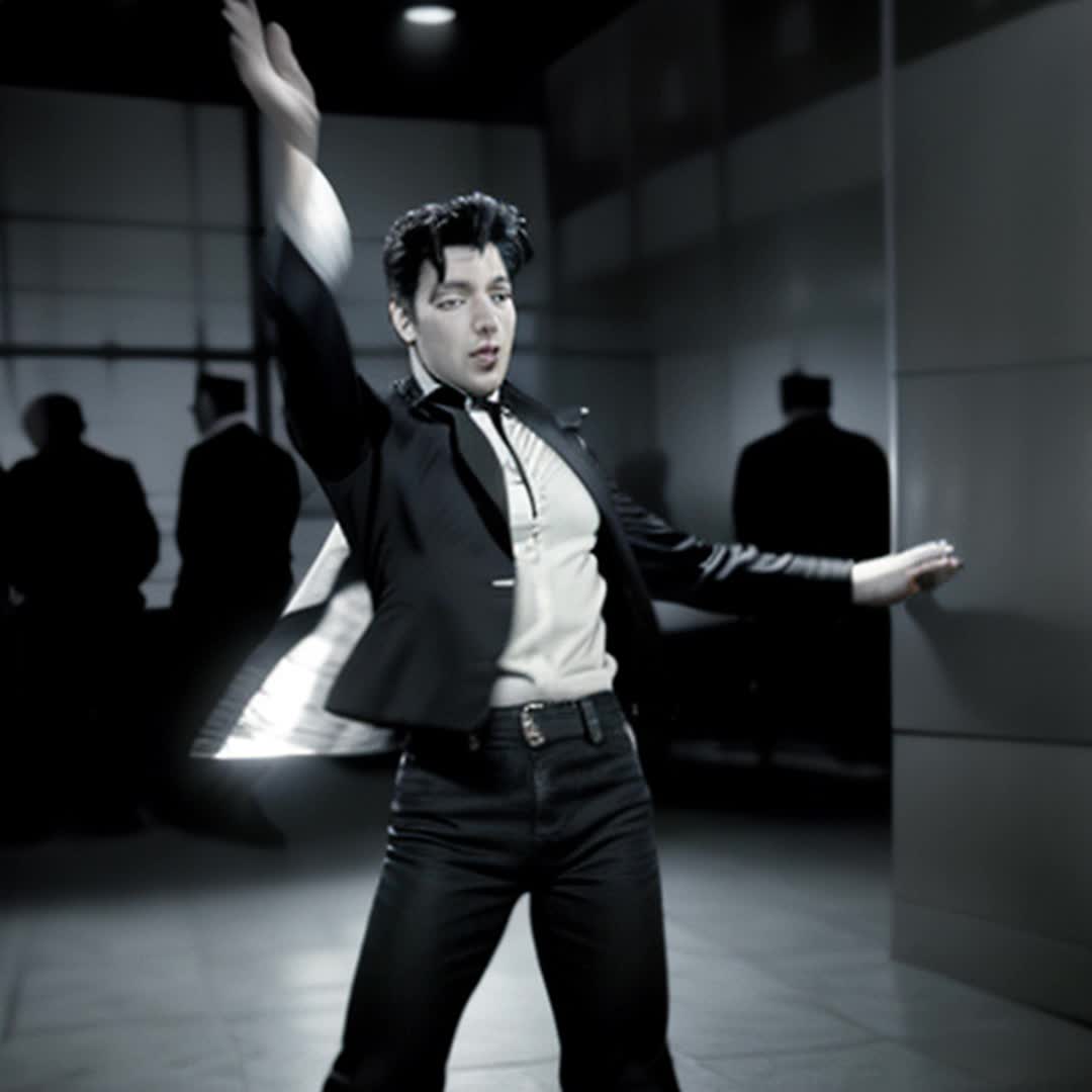 Elvis Presley dancing, Jailhouse Rock, white background, black and white theme, classic rock n roll outfit, slickedback hair, high energy dance moves, spotlight, vintage microphone, rapid footwork, animated expression, 1950s style, detailed and sharp focus, soft shadows, dynamic and engaging