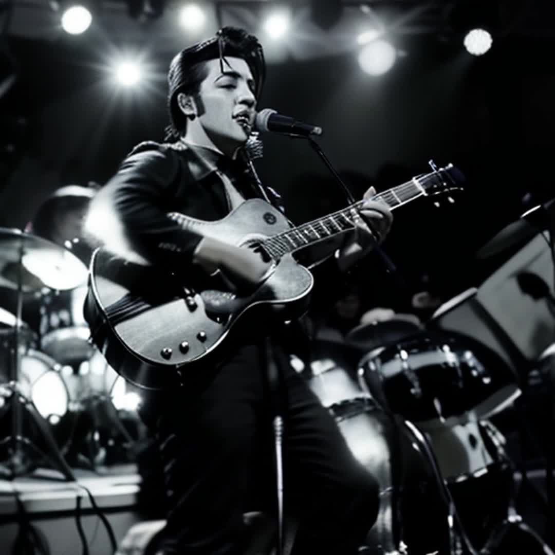 Elvis Presley on stage, guitar in hand, swiveling hips, singing Hound Dog, 1950s black and white theme, vintage microphone, energetic performance, spotlight on Elvis, audience clapping, nostalgic atmosphere, sharp focus, soft shadows, classic stage set design, eraappropriate outfit, closeup shots, dynamic camera angles