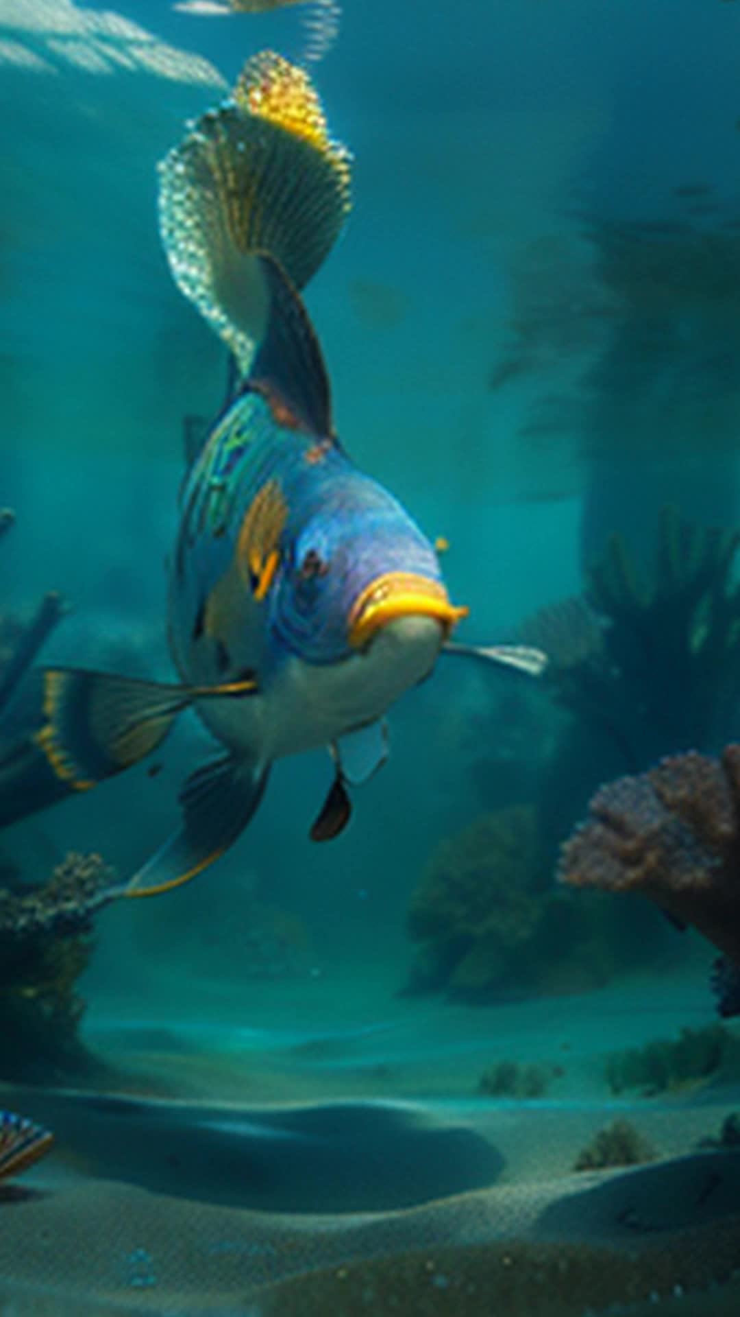 Vibrant lolcow fish, swimming gracefully, colorful coral reefs, underwater paradise, playful marine life, crystalclear waters, intricate scales and patterns, gentle ocean current, soft shadows, wideangle view, vibrant blues and greens, dynamic movement, highdefinition realism, ethereal underwater lighting