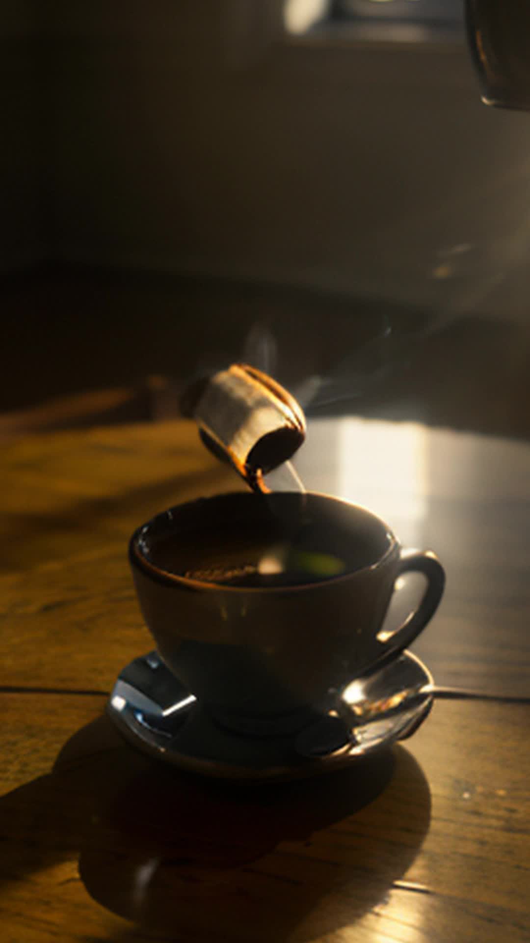 a very dark room where there is a small lightbulb hanging from the ceiling shining on a cup of smoking coffee on the table at a high angle