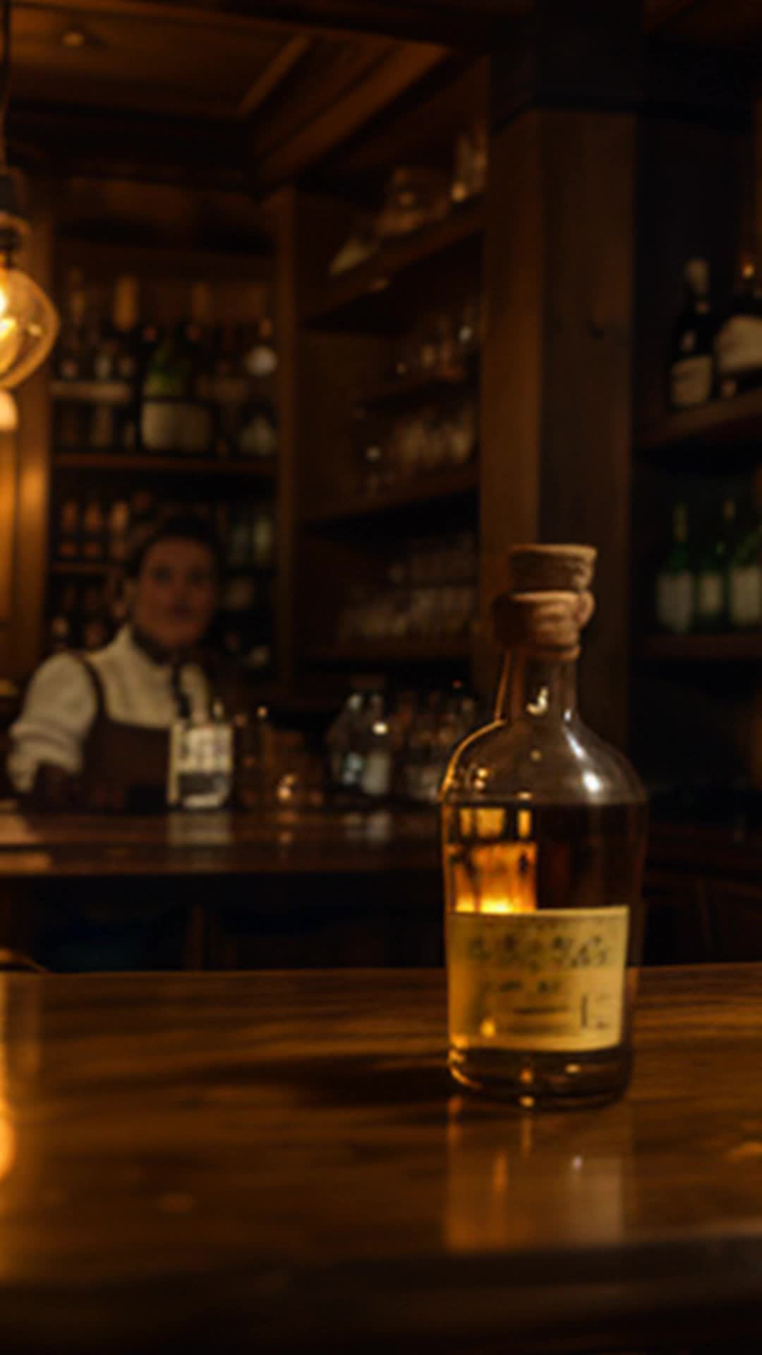 18thcentury British bar, brightly lit, warm candle glow, patrons in period attire, drinking gin, wooden tables and chairs, rustic decor, gin bottles lining shelves, lively conversation, detailed surroundings, woodpanelled walls, authentic atmosphere, laughter and clinking glasses, smooth camera movements, cinematic, rendered by octane, historical accuracy, immersive experience