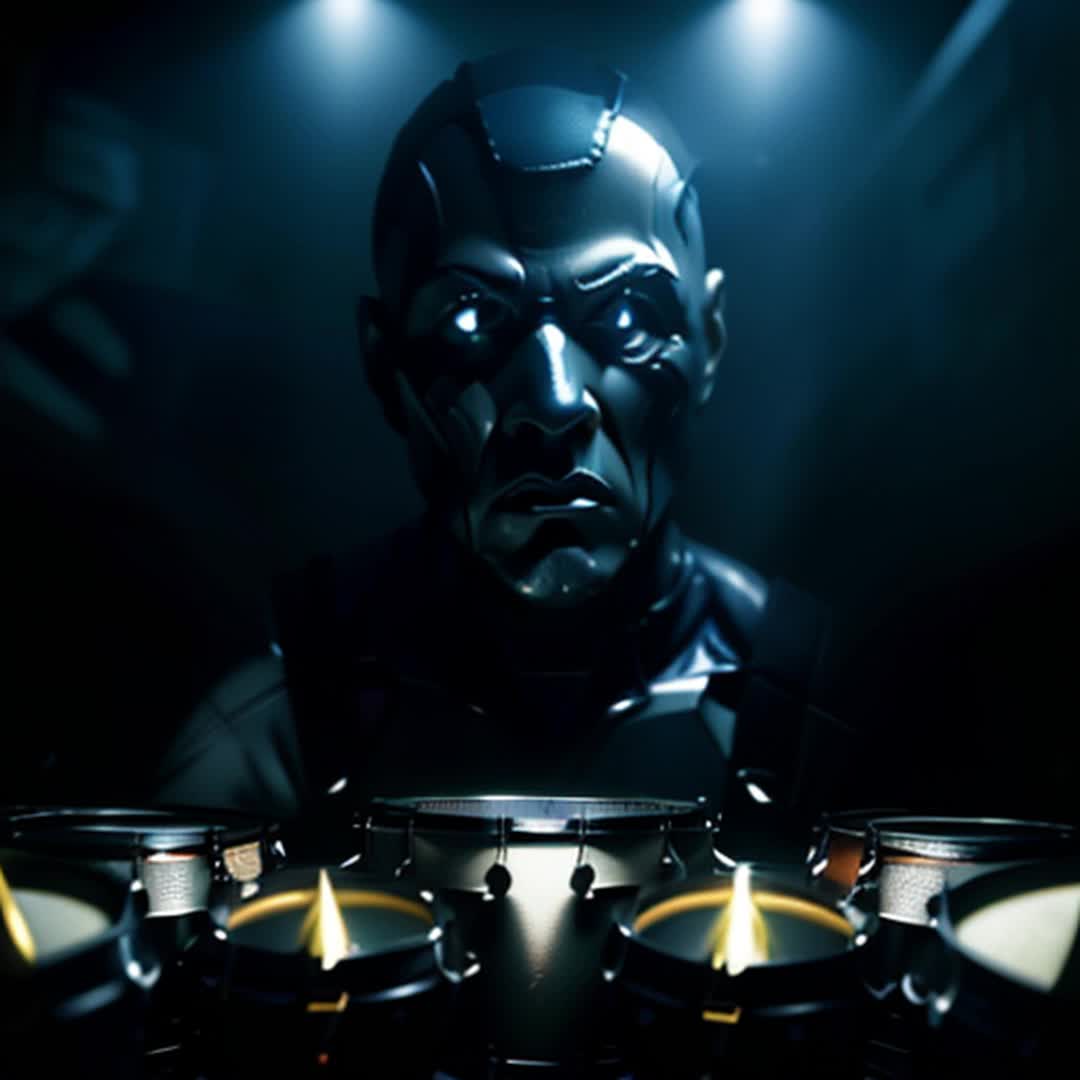 Heavy bass drum beat, rhythmic pulsing, image pulses in and out, character removing pieces of itself, dark atmospheric setting, moody lighting, surreal elements, high contrast shadows, fluid motion, seamless transitions, ethereal glow, dynamic camera angles, closeups and wide shots, intricate details, cinematic feel, intense and captivating ambiance