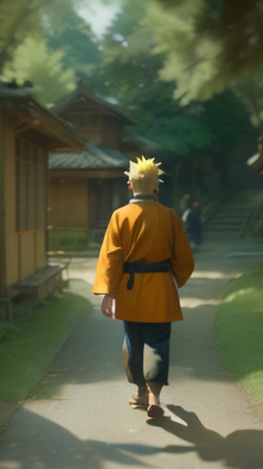 Naruto Uzumaki walking through bustling leaf village, Kakashi Sensei beside, traditional Japanese architecture, villagers chatting and children playing, vibrant market stalls, soft shadows, warm afternoon sunlight, gentle breeze rustling trees, dynamic movement, full body view, smooth camera tracking, highly detailed, sharp focus, lively and energetic ambiance, vibrant colors, cinematic quality, rendered in 4K Ultra HD