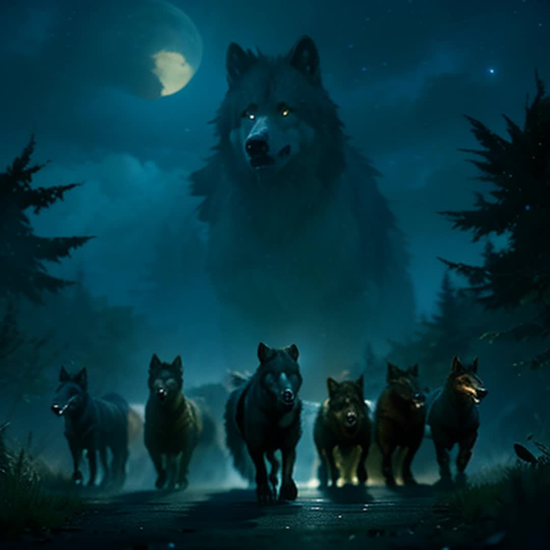 A hunter being chased by a pack of werewolfs