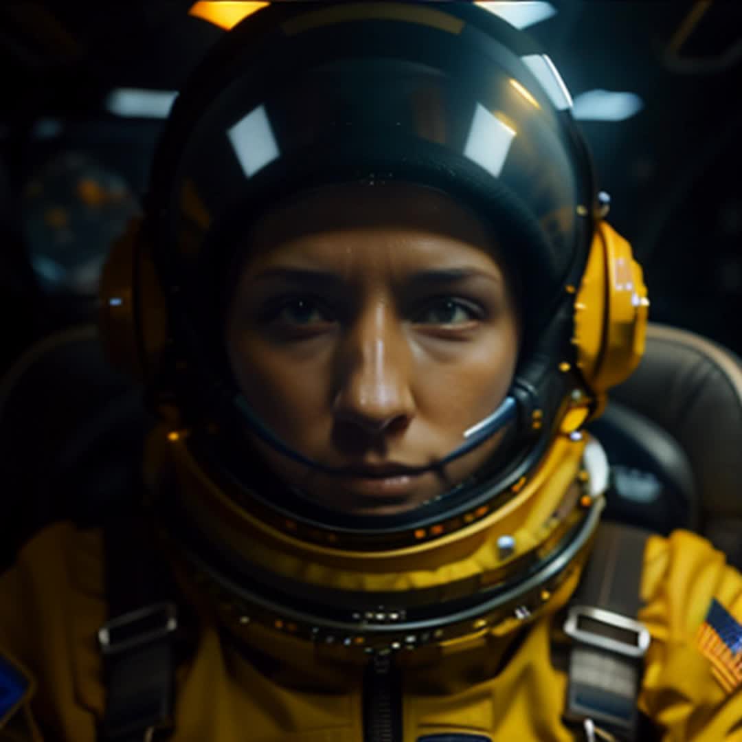 Astronaut front face view in yellow astronauts suit 