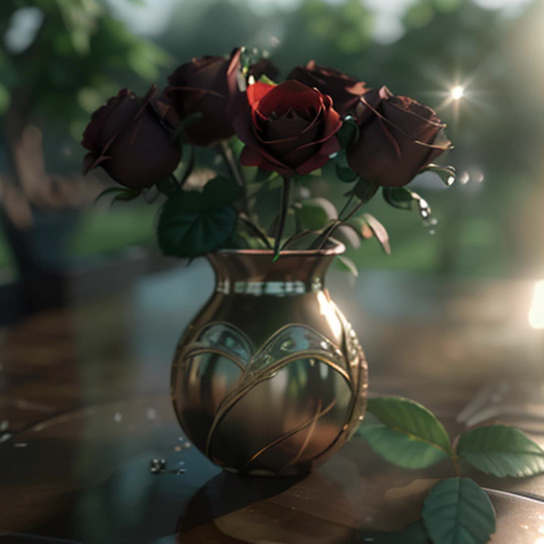 Bright red roses bouquet, adorned with white veins, droplets of morning dew, soft morning light, petals softly blurred in background, sense of depth and movement, light morning mist, serene atmosphere, delicate movement, high detail, sharp focus, tranquil ambiance, cinematic feel, conceptual art, 3D render, champagne bottle, two crystal flutes on delicate tall stems, natures beauty, soft shadows, natural light, by art germ, highly detailed, realistic, rendered by octane