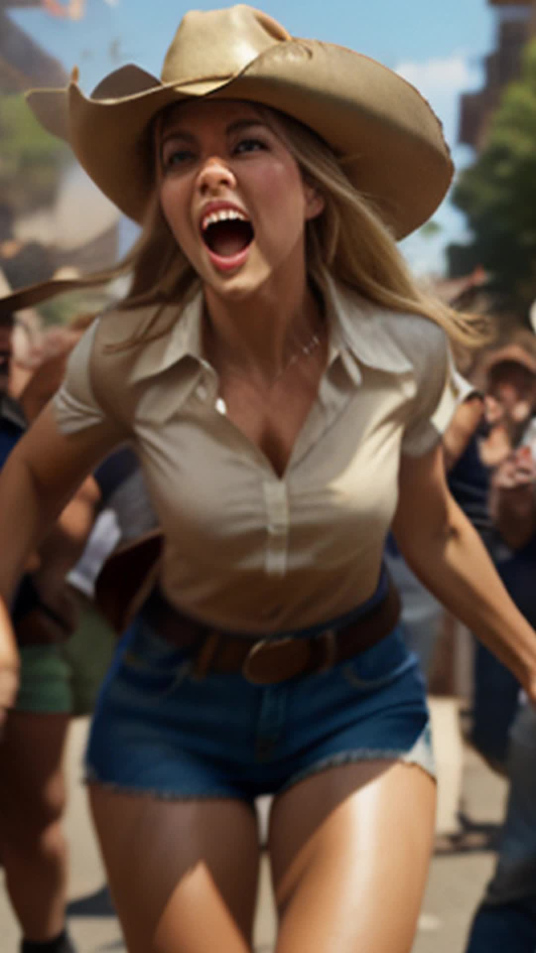 Courageous blonde country girl, oversized cowboy hat, energetic burst through bustling crowd, shouting 'Hawk Tuah!', leaping over barrier, determined approach to bewildered Donald Trump, skillfully handcuffing, loud arrest announcement, crowd in mixed shock and awe, soft shadows, highly detailed and sharp focus