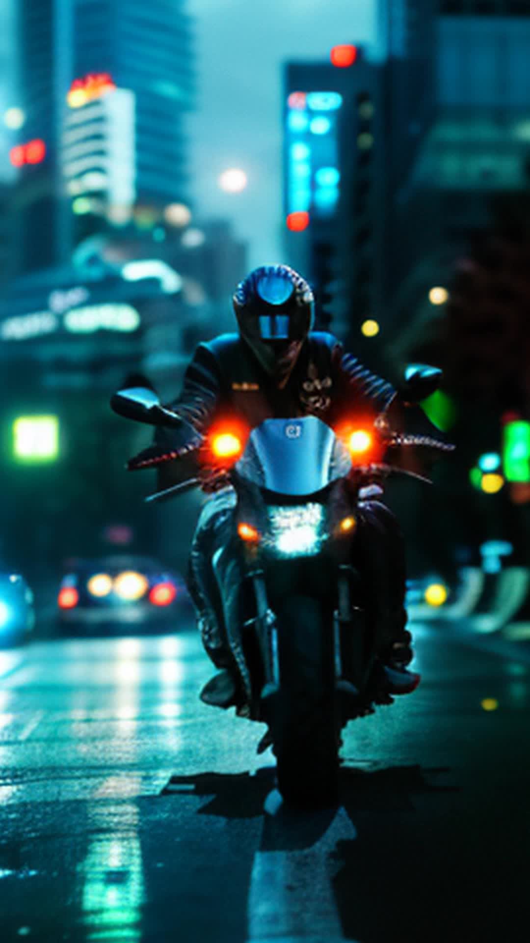 Highspeed motorcycle race, urban cityscape, sleek futuristic bikes, neon lights reflecting off wet pavement, intense competition, zooming past skyscrapers, tight turns, adrenalinefilled chase, engines roaring, dynamic motion blur, glowing billboards overhead, gritty and intense atmosphere, cinematic feel, thrilling action seqence, rendered in 4K ultraHD, highly detailed, soft shadows, sweeping wideangle shots, GoPro perspective, dramatic lighting, by art germ