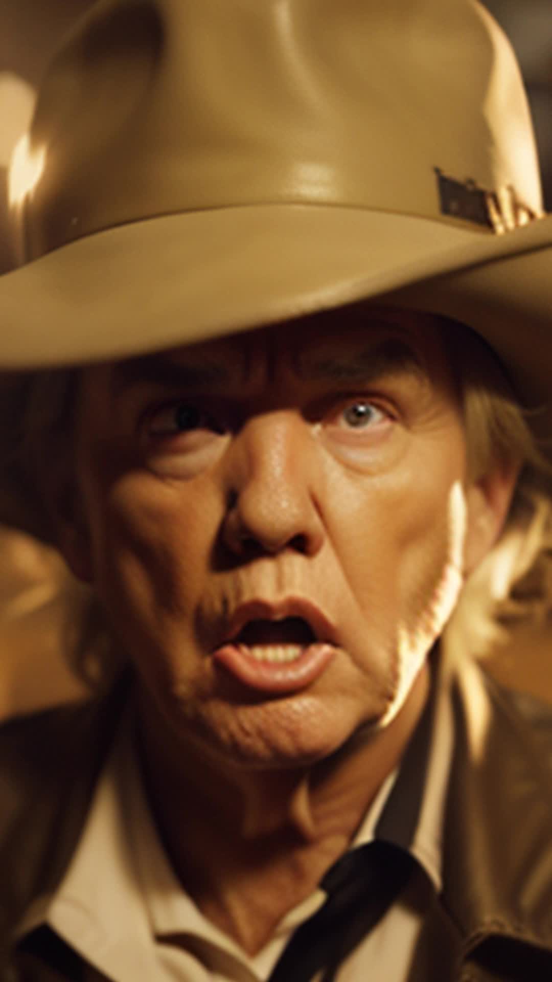 Donald Trump, bewildered expression, handcuffed, courageous blonde country girl, oversized cowboy hat, mixed crowd shock and awe, skillful handcuffing, determined shout, mixed reactions, soft and dramatic lighting, close-up on expressions
