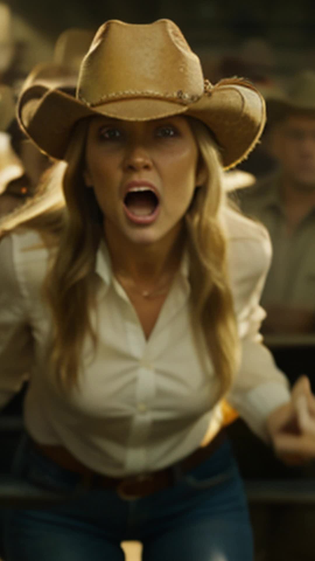 Courageous blonde country girl, oversized cowboy hat, shouting determinedly, leaping over barrier, bustling crowd, navigating toward bewildered Donald Trump, handcuffing skillfully, close-up of handcuffs and hands, clear focus, detailed expressions, soft lighting