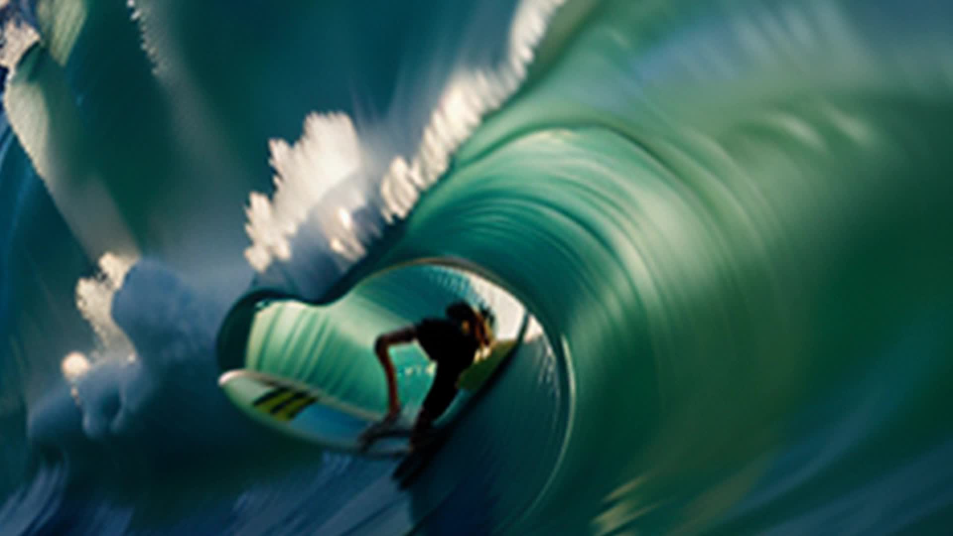 Surfer on surf board in the tunnel of large Hawaiian wave