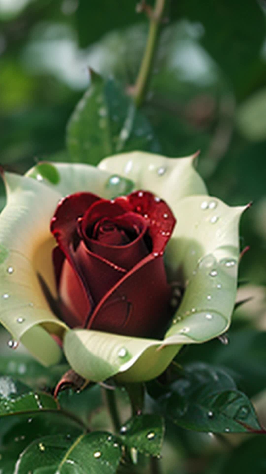 a red velvet rose with white veins and drops of morning dew on green leaves and a long trunk, slowly opening its bud