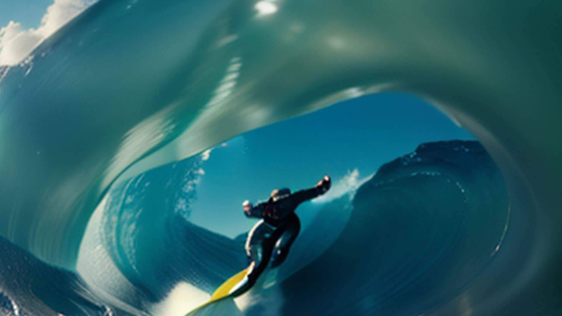 Dynamic surfer riding inside massive Hawaiian wave tunnel, ocean spray glistening in sunlight, turquoise and deep blue hues in water, highenergy, intense action shot, detailed and sharp focus, captured midturn, powerful rippling wave, sunlight filtering through water, soft shadows, wideangle perspective, cinematic high definition, GoPro perspective, rendered by octane