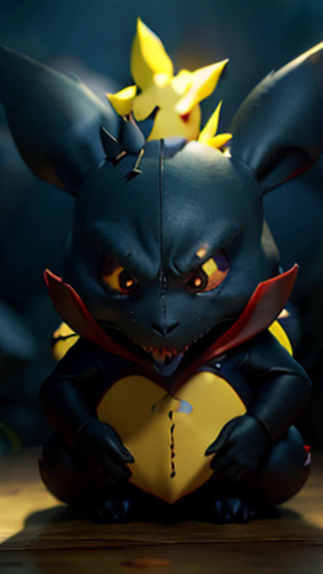 Darkrai declaring curse on berry, ominous tone, Pikachu weak and dizzy, tense atmosphere, soft shadows, rendered by octane