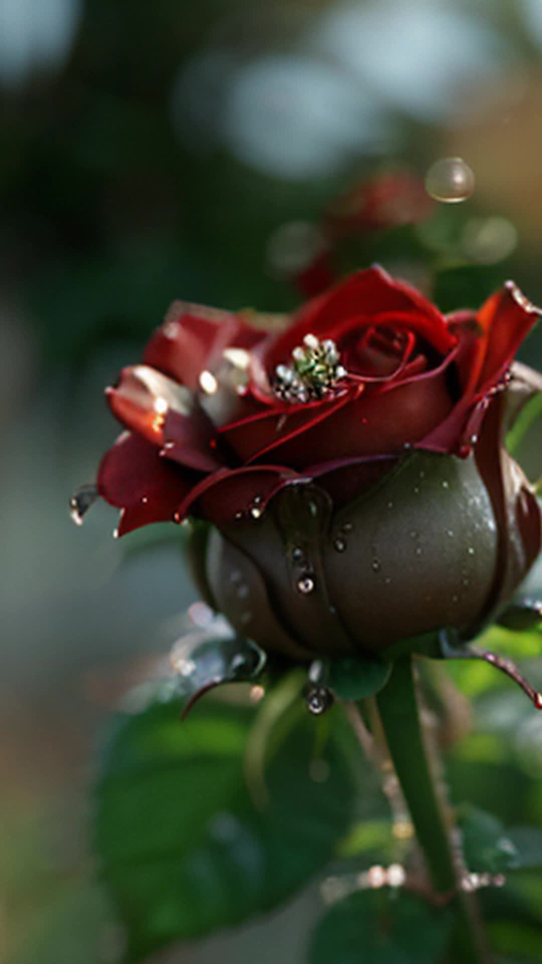 A stunning 3D visualization of dew drops slowly moving on a bouquet of red roses in the soft morning light Roses are decorated with white streaks and drops of morning dew The petals are softly blurred in the background, creating a sense of depth and movement The light morning mist adds to the serene atmosphere, while soft natural light illuminates each rose The subtle movement and high detail of the roses, combined with the sharp focus and tranquil atmosphere, create a cinematic work of art