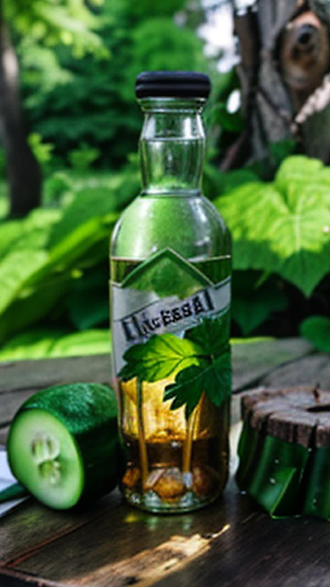 paper glass, bottle of vodka, herring on newspaper, pickled cucumber, rustic tree stump, outdoor setting, lush green forest background, sunlight filtering through leaves, soft shadows, highly detailed, sharp focus, natural colors, closeup shot, cinematic feel