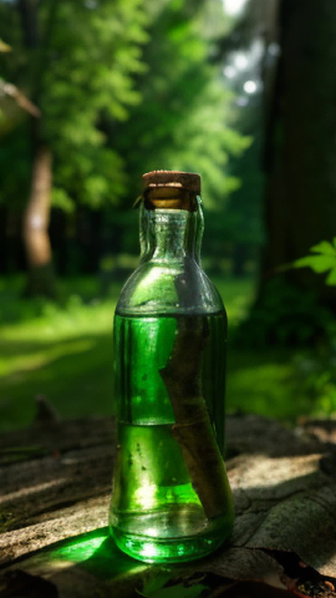 paper glass, bottle of vodka, herring on newspaper, pickled cucumber, rustic tree stump, outdoor setting, lush green forest background, sunlight filtering through leaves, soft shadows, highly detailed, sharp focus, natural colors, closeup shot, cinematic feel, light breeze rustling leaves, gentle ambient sounds of forest, realistic texture details, vibrant greenery, warm glow, subtle camera movement, atmospheric depth, serene nature ambiance