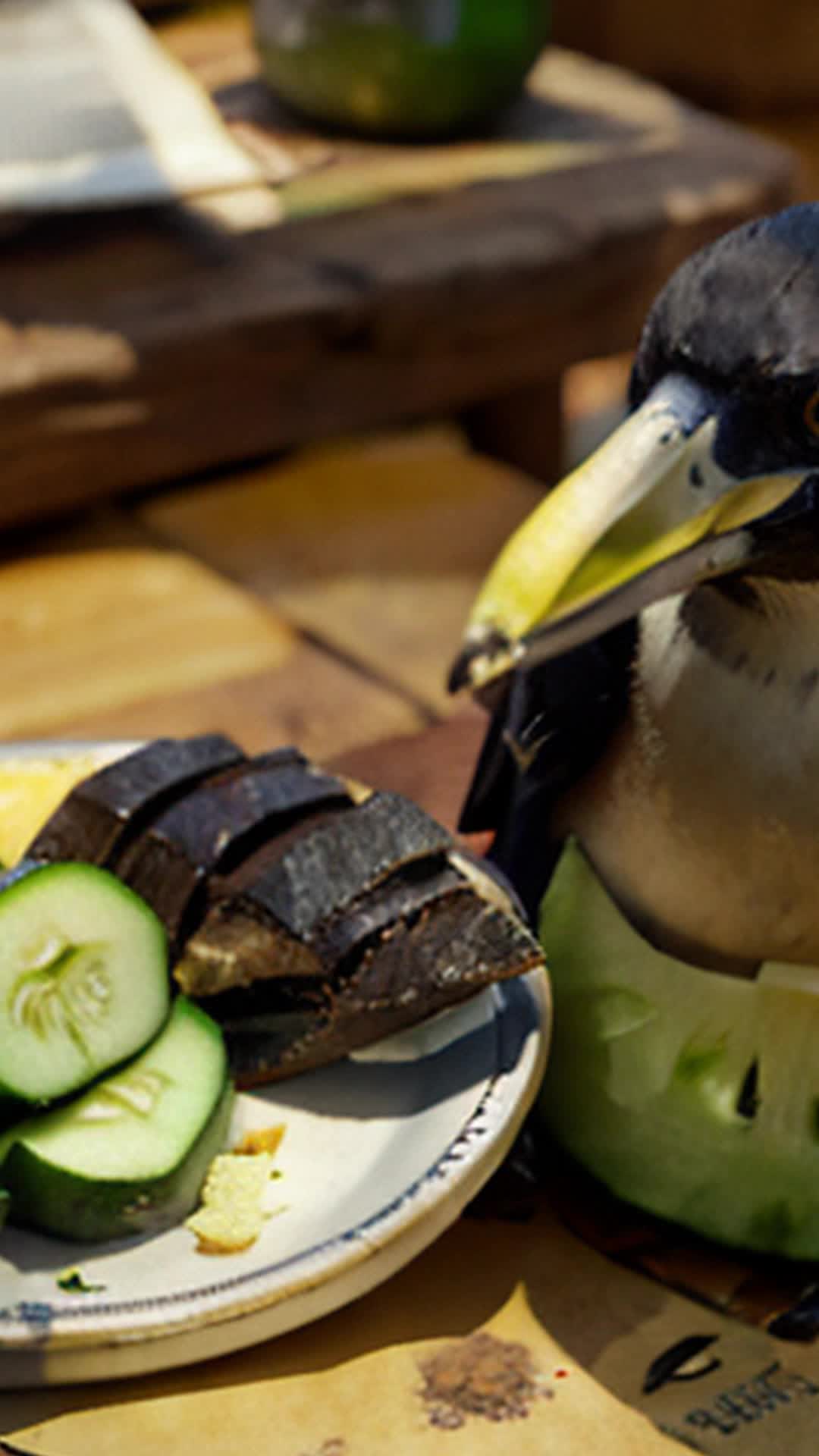 On the stump are an ordinary paper cup, a bottle of vodka, a herring on a newspaper, and a pickled cucumber In the background, a large black crow holds a piece of hard cheese in its beak
