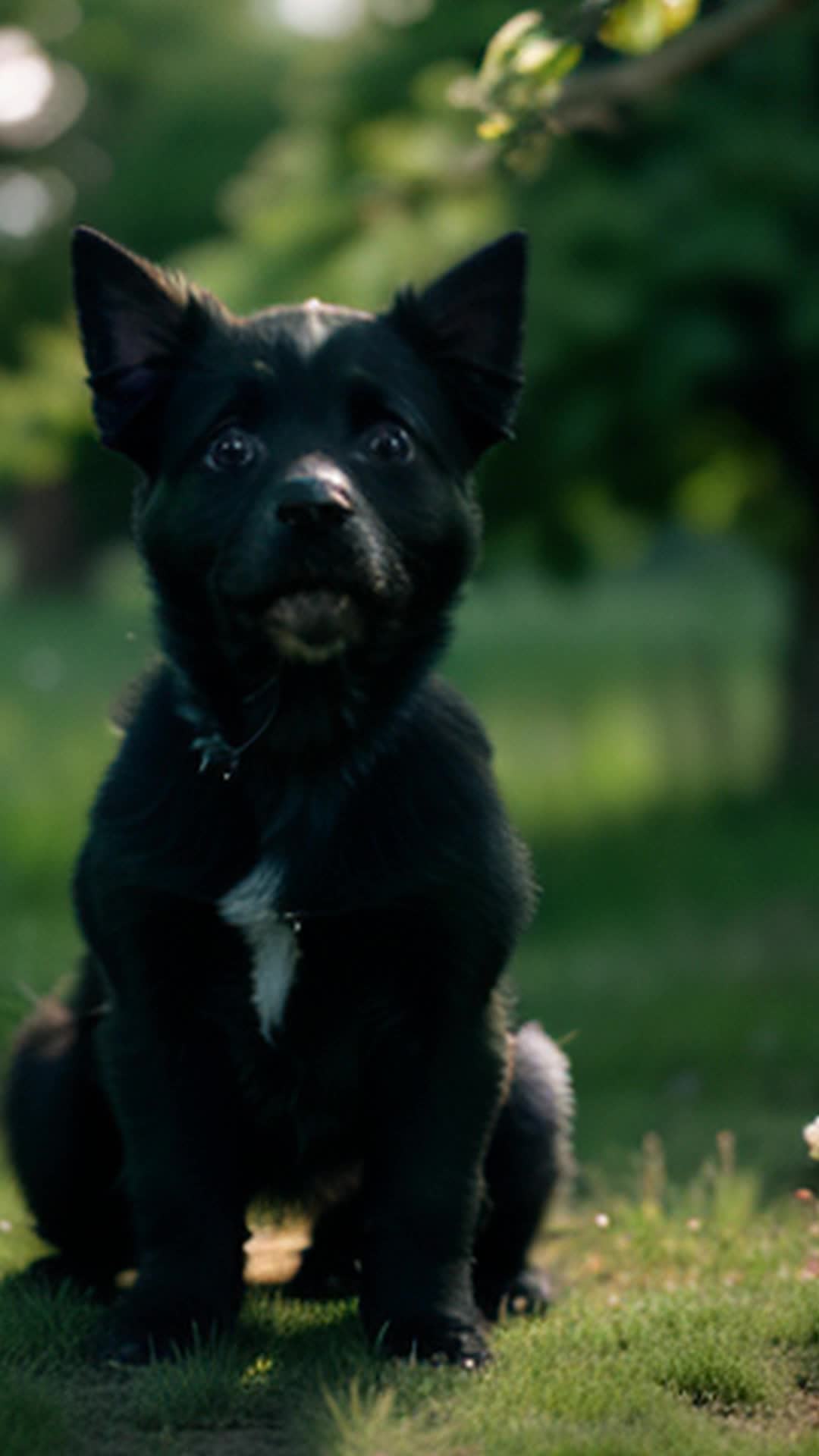 Adorable black puppy, playful and energetic, fluffy fur, twinkling eyes, wagging tail, vibrant meadow, rolling around in grass, chasing butterflies, sunlight filtering through trees, soft shadows, dappled light, sharp focus, shallow depth of field, cinematic, warm tones, wideangle shot, natural movement, dynamic perspective