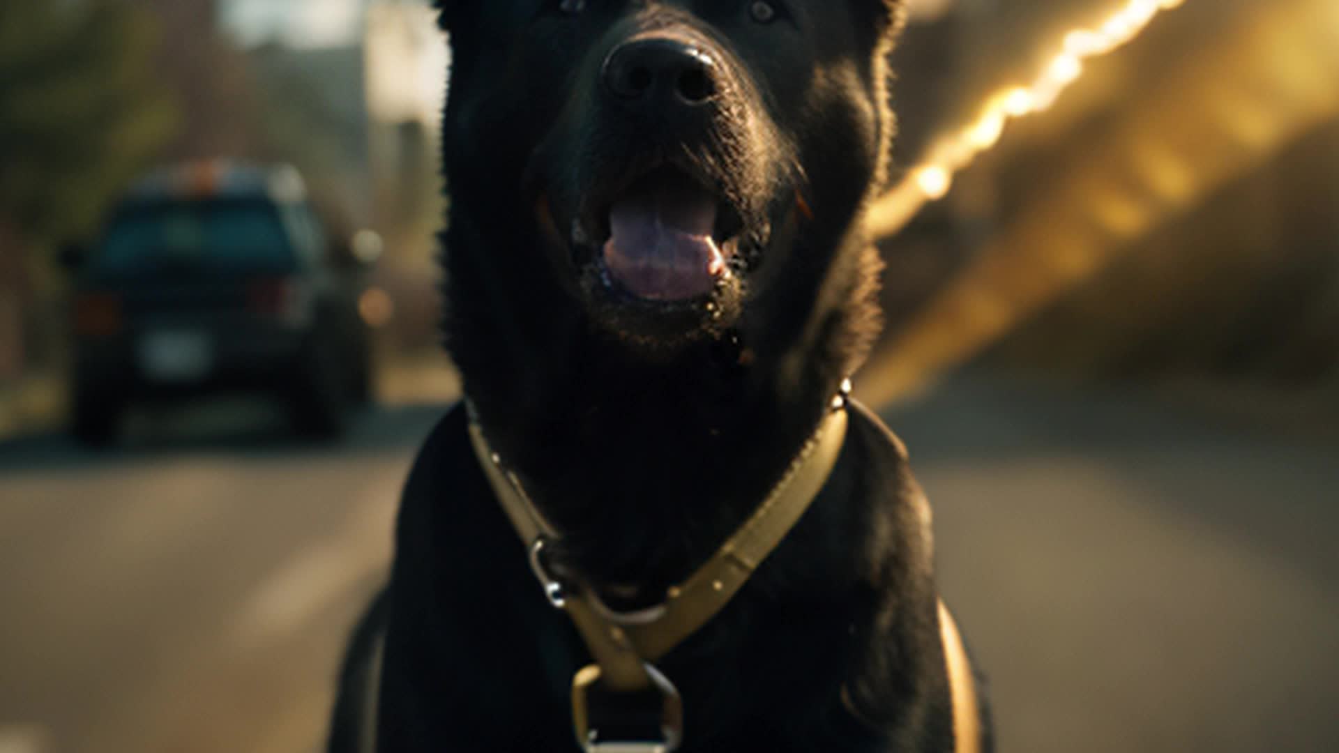 Black dog with gold belt fighting bear, intense action, dogs dad arrives, dramatic confrontation, dad dies, 10 years later, matured black dog, harnesses black power, fierce battle, defeats bear, victorious, dynamic camera angles, detailed and sharp focus, cinematic lighting, highenergy atmosphere, triumphant climax, rendered by octane