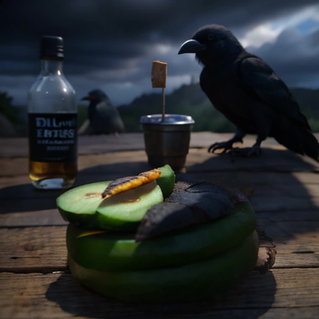 Rustic stump setting, ordinary paper cup, bottle of vodka, herring on newspaper, pickled cucumber, large black crow in background, crow holding hard cheese in beak, overcast sky with dark clouds, soft shadows, detailed and sharp focus, slightly desaturated colors, natural outdoor light, full frame shot, cinematic ambiance, rendered by octane