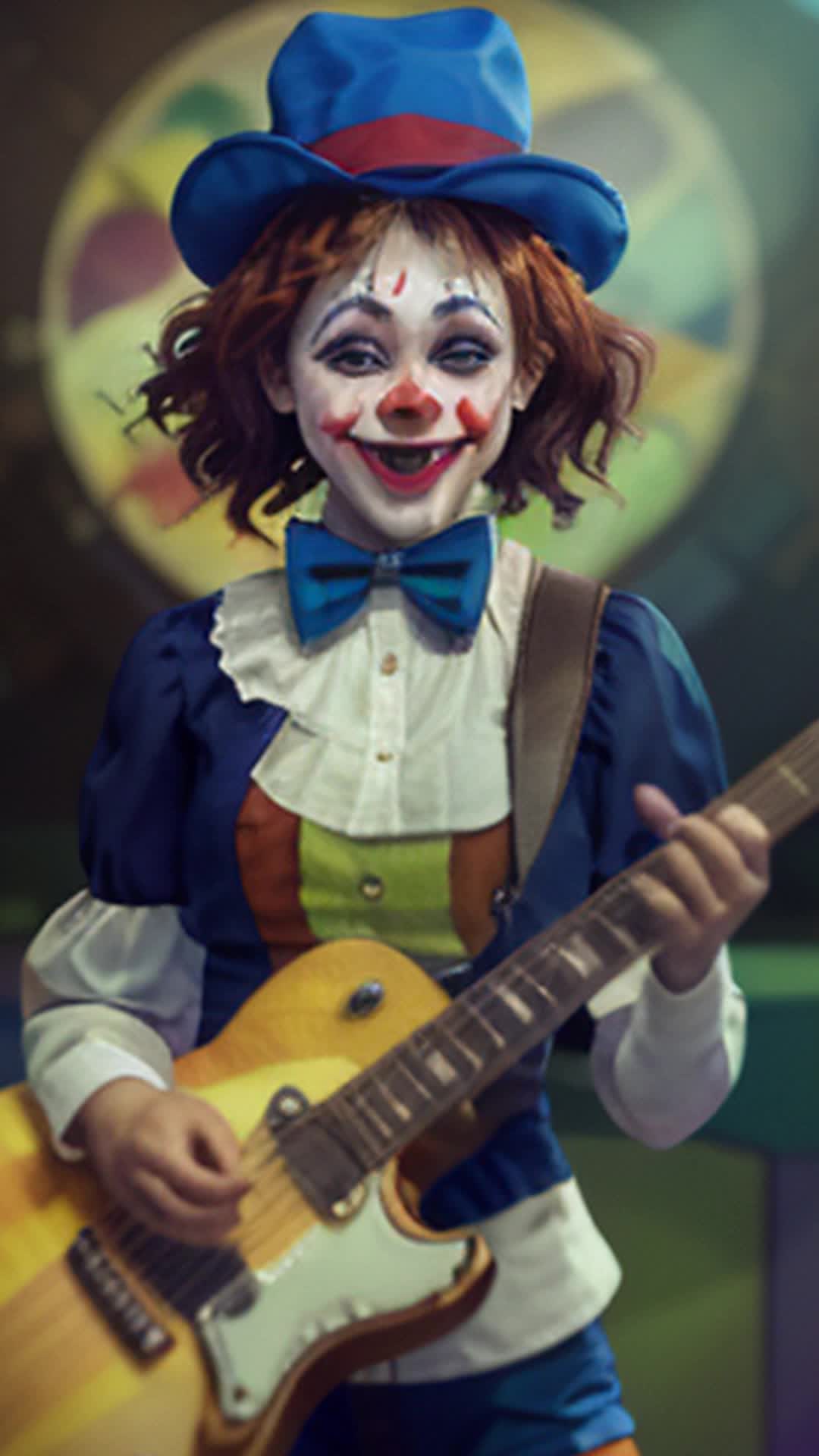 Cartoon clown girl, vibrant colors, playful expression, smoking weed, dancing energetically, smooth transitions, whimsical setting, suddenly picks up guitar, starts playing enthusiastically, exaggerated movements, lively animation, humorous tone, surreal background, upbeat music, high energy, soft shadows, detailed and sharp focus, dynamic camera angles, wide shots, rendered by Octane