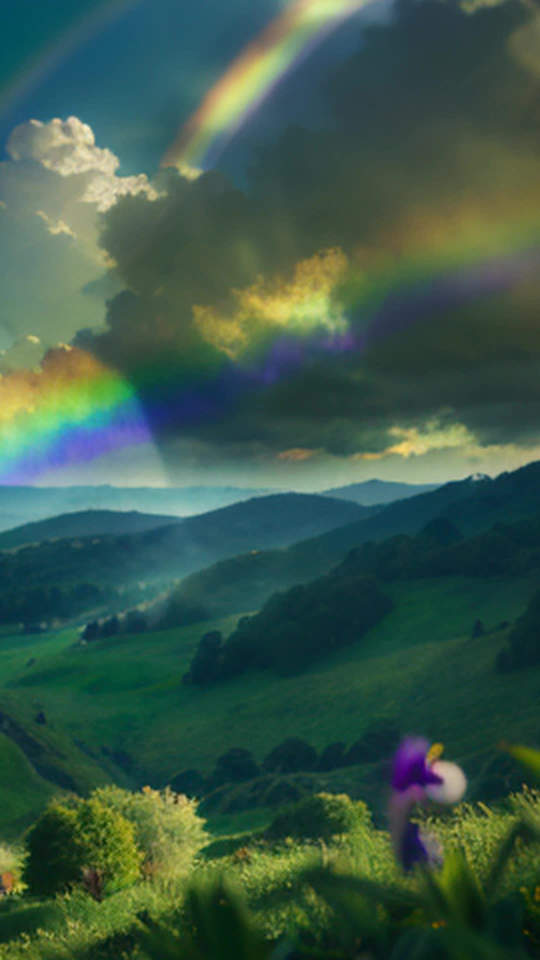 Vivid rainbow arching across sky, lush green landscape below, sunlight filtering through clouds, soft shadows, bright and vibrant colors, clear and sharp focus, wideangle view, ethereal and dreamy atmosphere, contrast between warm sunlight and cool mist, slight lens flare, rendered by octane