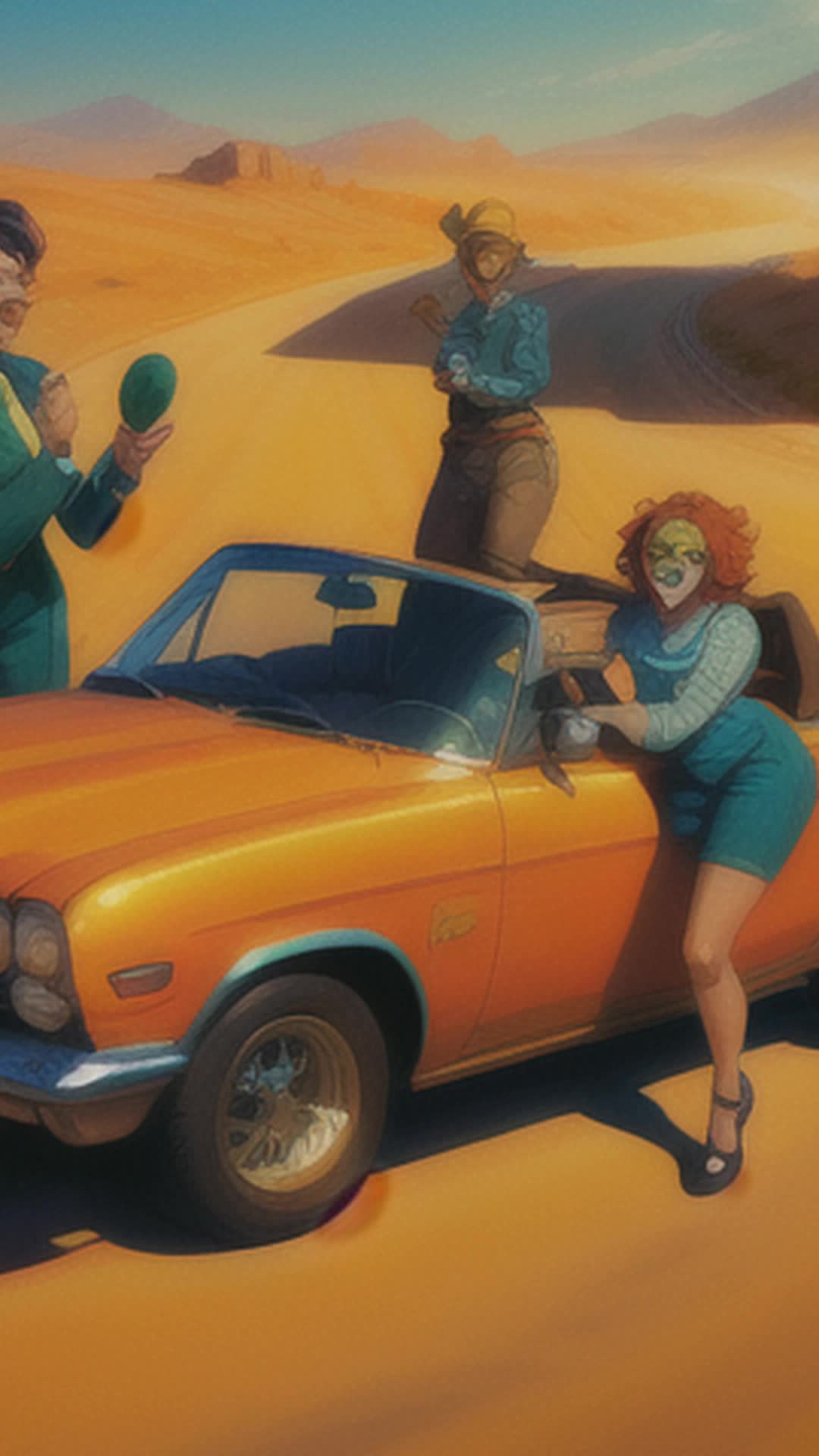 Vibrant clown girls, colorful costumes, driving vintage convertible, vast desert road, arid landscape, horizon stretching endlessly, blue sky, occasional cacti lining road, sun high in sky, soft shadows, cinematic feel, captured with wideangle lens, dust trail behind car, girls laughing and smiling, windswept hair, joyful and carefree, actionpacked, by art germ
