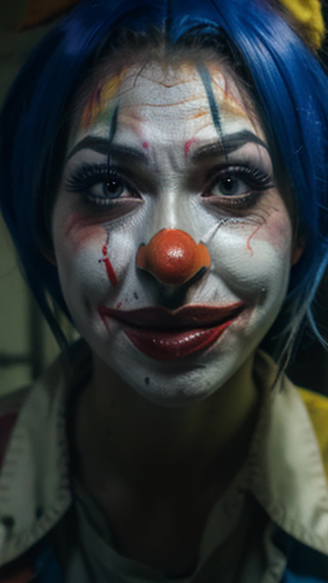 Clown girl, locked up, straight jacket, laughing hysterically, smeared makeup, colorful wig, dark and eerie room, dim flickering light, distressed walls, closeup shot, chaotic atmosphere, unsettling mood, highly detailed, sharp focus, soft shadows, rendered by octane