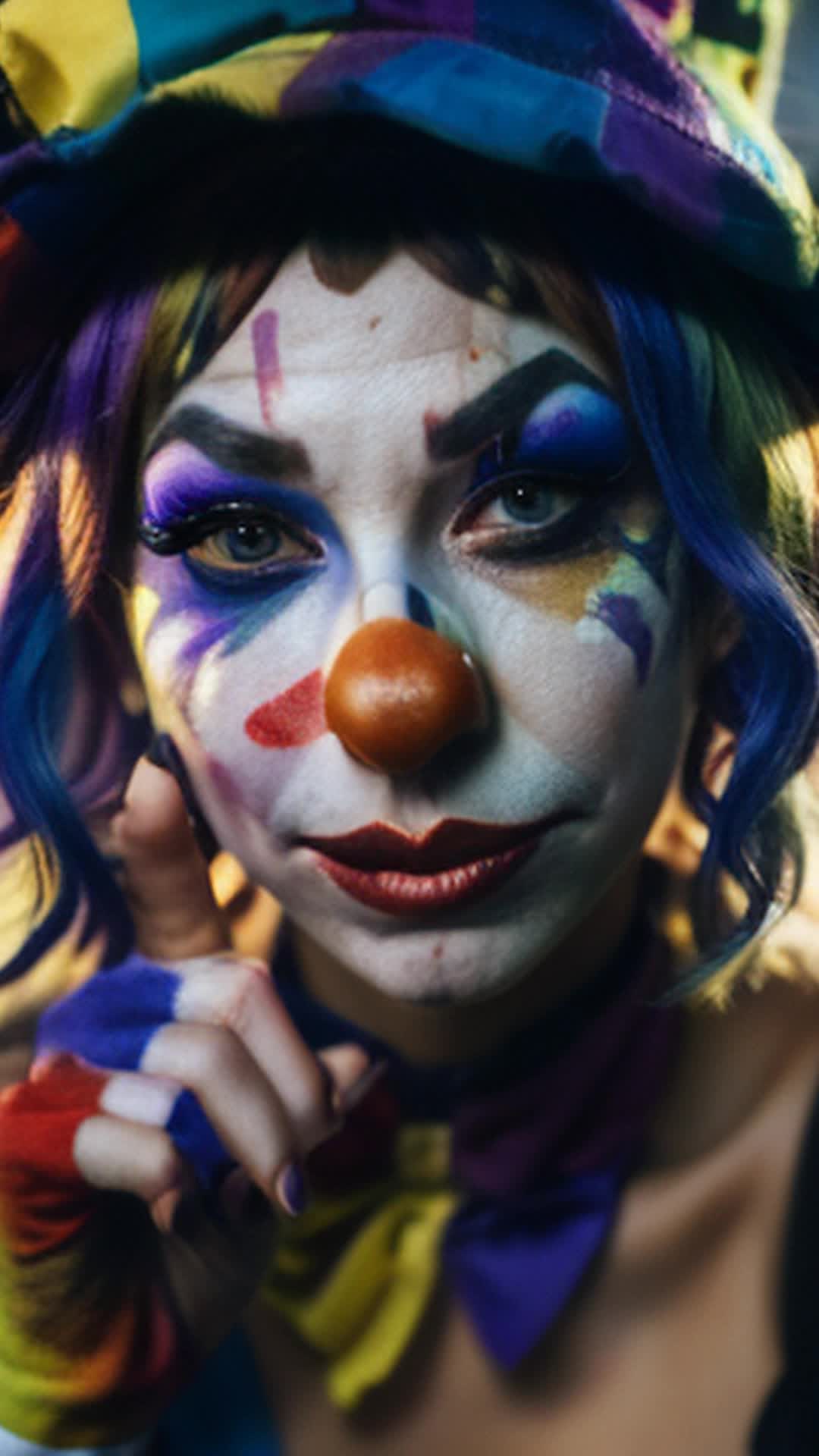 Clown girl, vivid makeup, colorful wig, playful attire, giving middle finger, covering mouth with other hand, mischievous expression, dramatic lighting, detailed and sharp focus, soft shadows, closeup shot, blurred background, cinematic look, vibrant colors, smooth camera movement, subtle slow motion