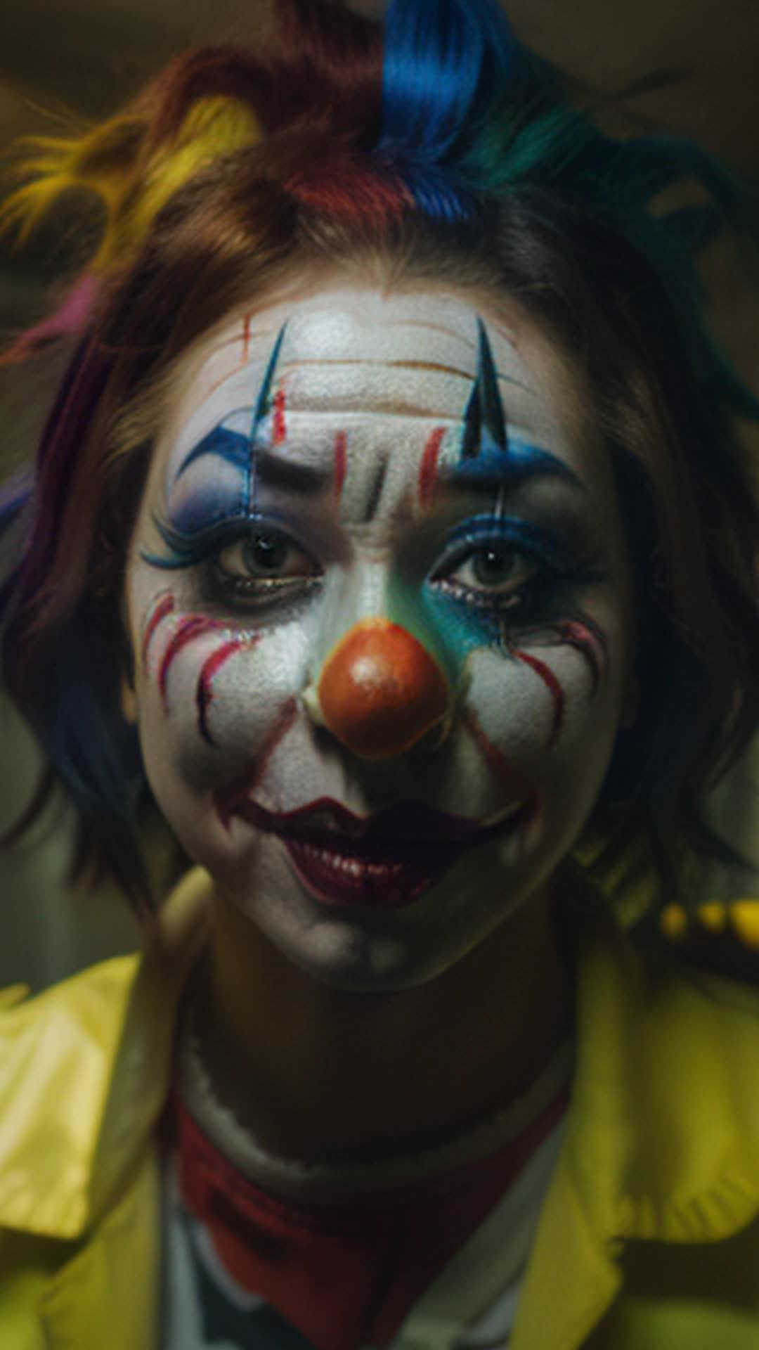 Clown girl in a straight jacket, singing into a rubber chicken, padded room, small stage, dimly lit, eerie atmosphere, unsettling smile, colorful makeup, messy hair, dramatic facial expressions, soft shadows, wideangle shot, detailed and sharp focus, surreal and dark, cinematic vibe