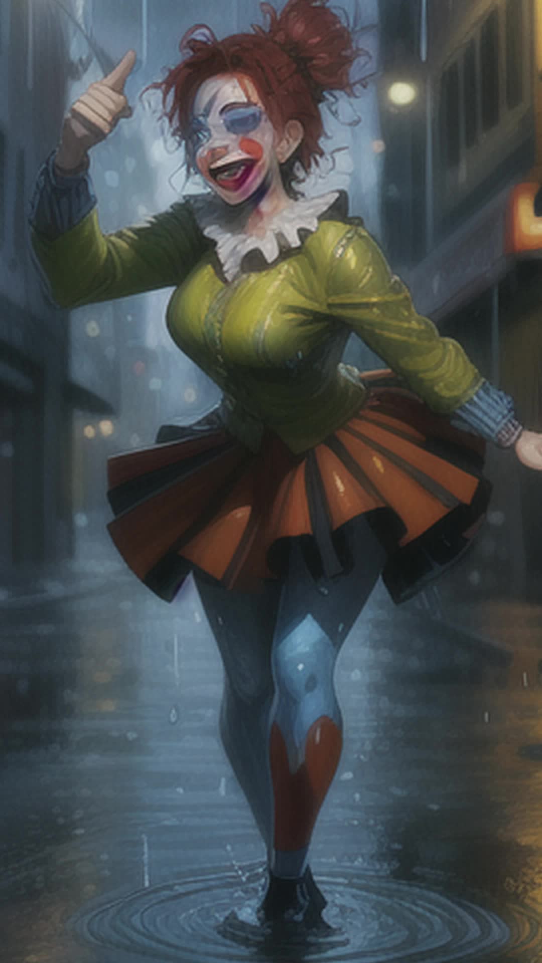Crazy clown girl dancing in rain, whimsical, vibrant colors, clown perched on her head, intense facial expressions, exaggerated makeup, raindrops falling around, puddles splashing, dynamic movement, slick wet surface, city lights reflected in water, cinematic, soft shadows, high detail, sharp focus, joyful chaos, lively energy, chaotic yet mesmerizing, wideangle, full body shot, rendered by octane