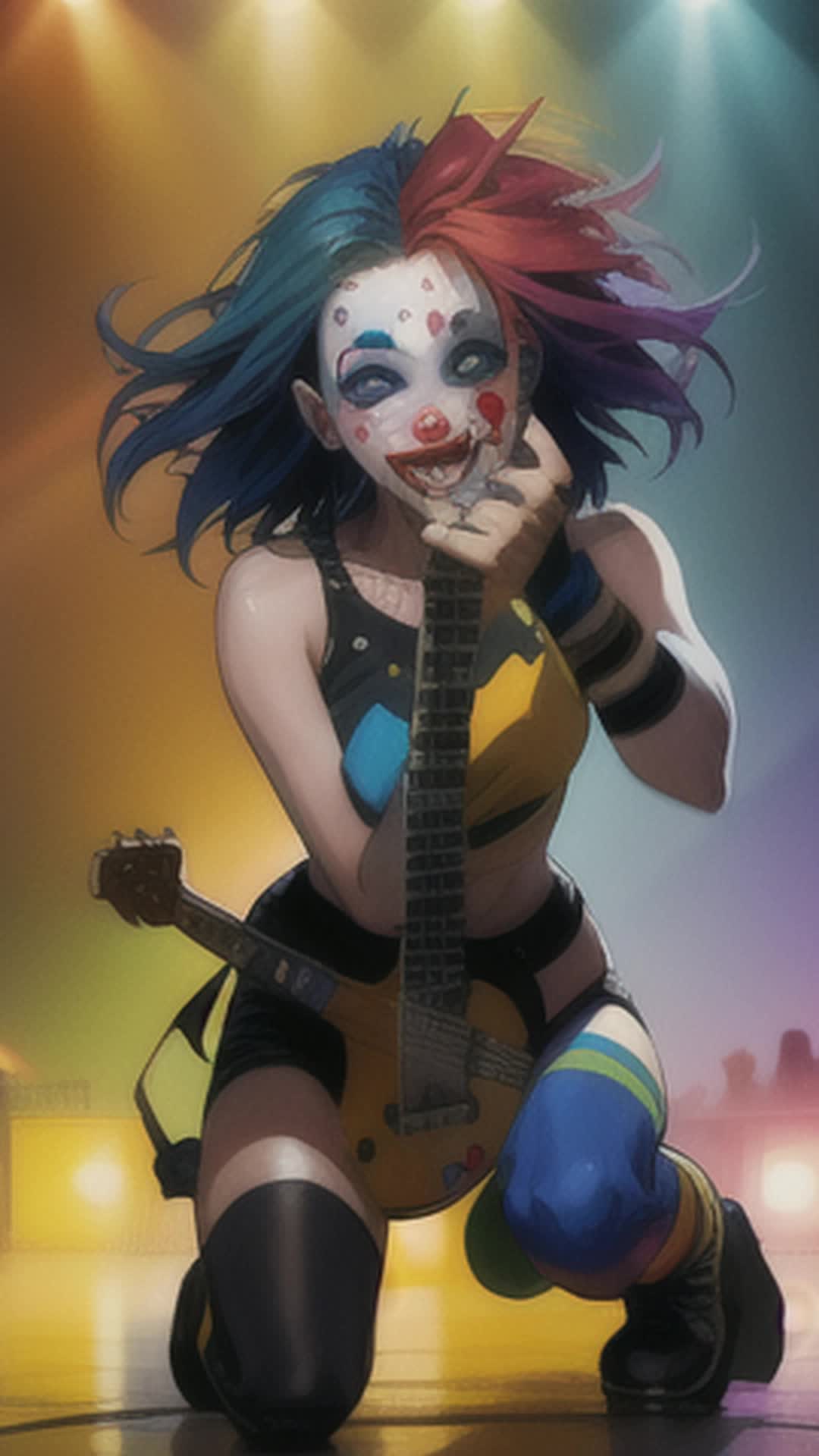 Clown girl, colorful makeup, rainbow hair, wild stage antics, electric guitar, vibrant concert lights, confetti explosion, energetic dance moves, crowd jumping, dynamic closeups, flashing strobe lights, soft shadows, highenergy atmosphere, dramatic spotlight, shaky cam, rendered by octane