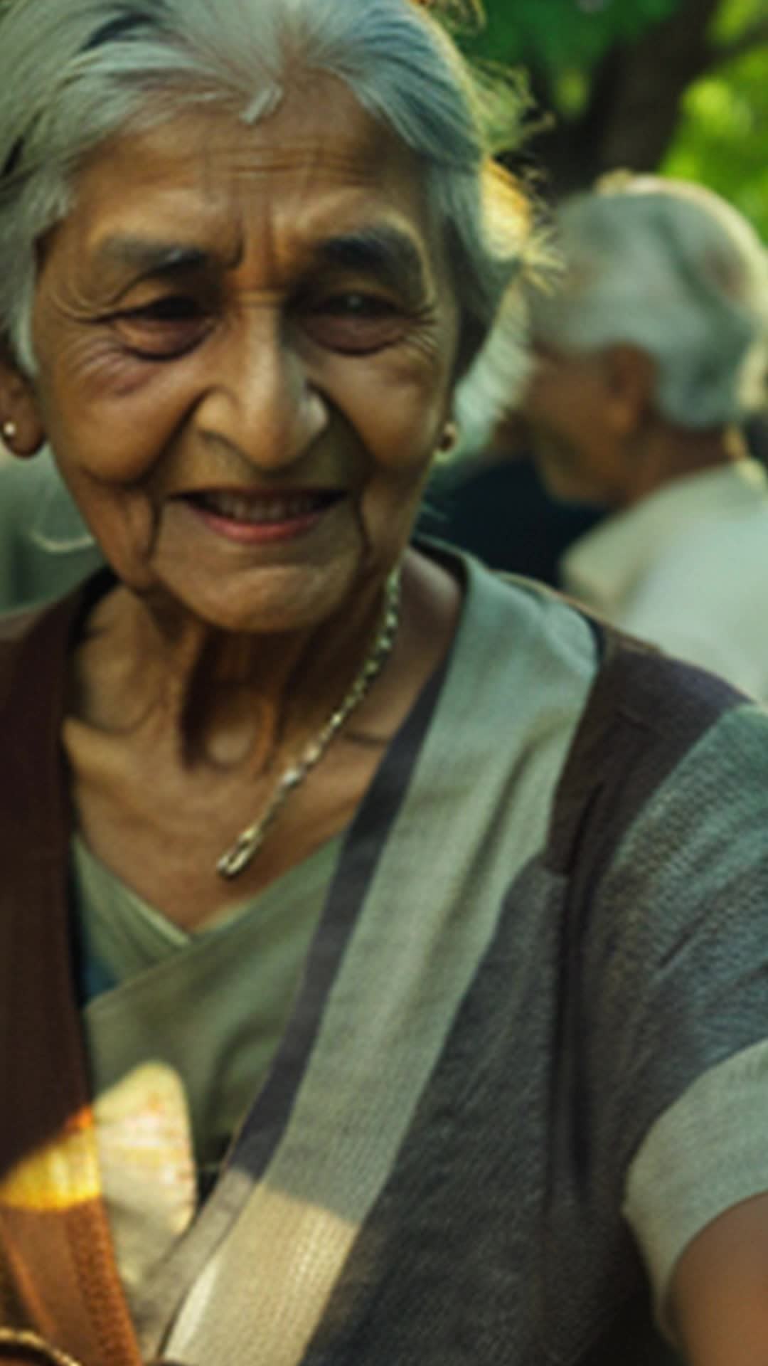 Harish Kumar handing back stolen chain to old lady, grateful expression, close-up, heartwarming moment, soft focus background, gentle sunbeams, warmly lit scene, high detail, vivid color