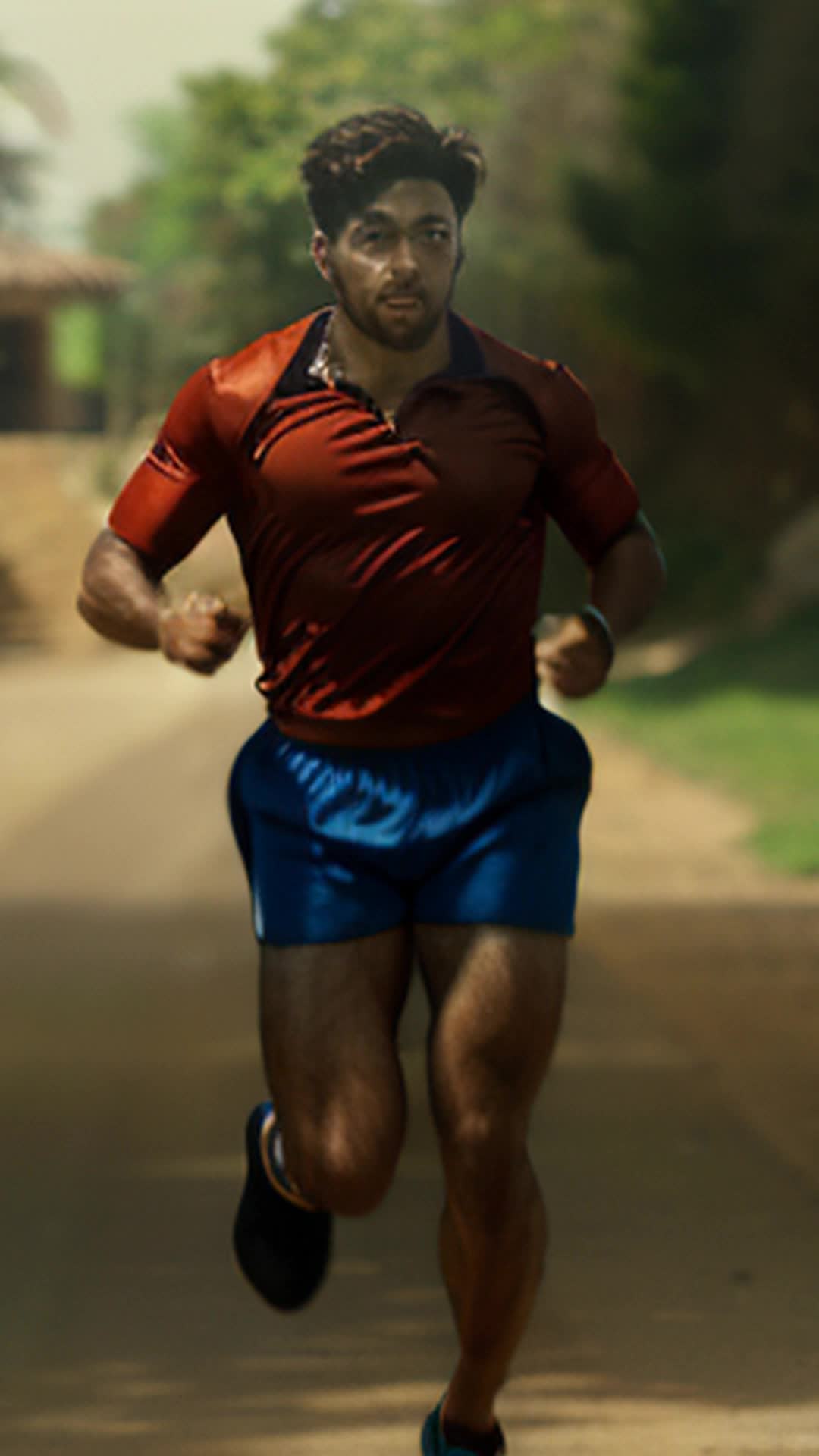 Harish Kumar sprinting, Raj Bagh scenic path, determined look, chasing swift thief clutching stolen chain, dynamic action, high-speed capture, soft shadows, crisp image