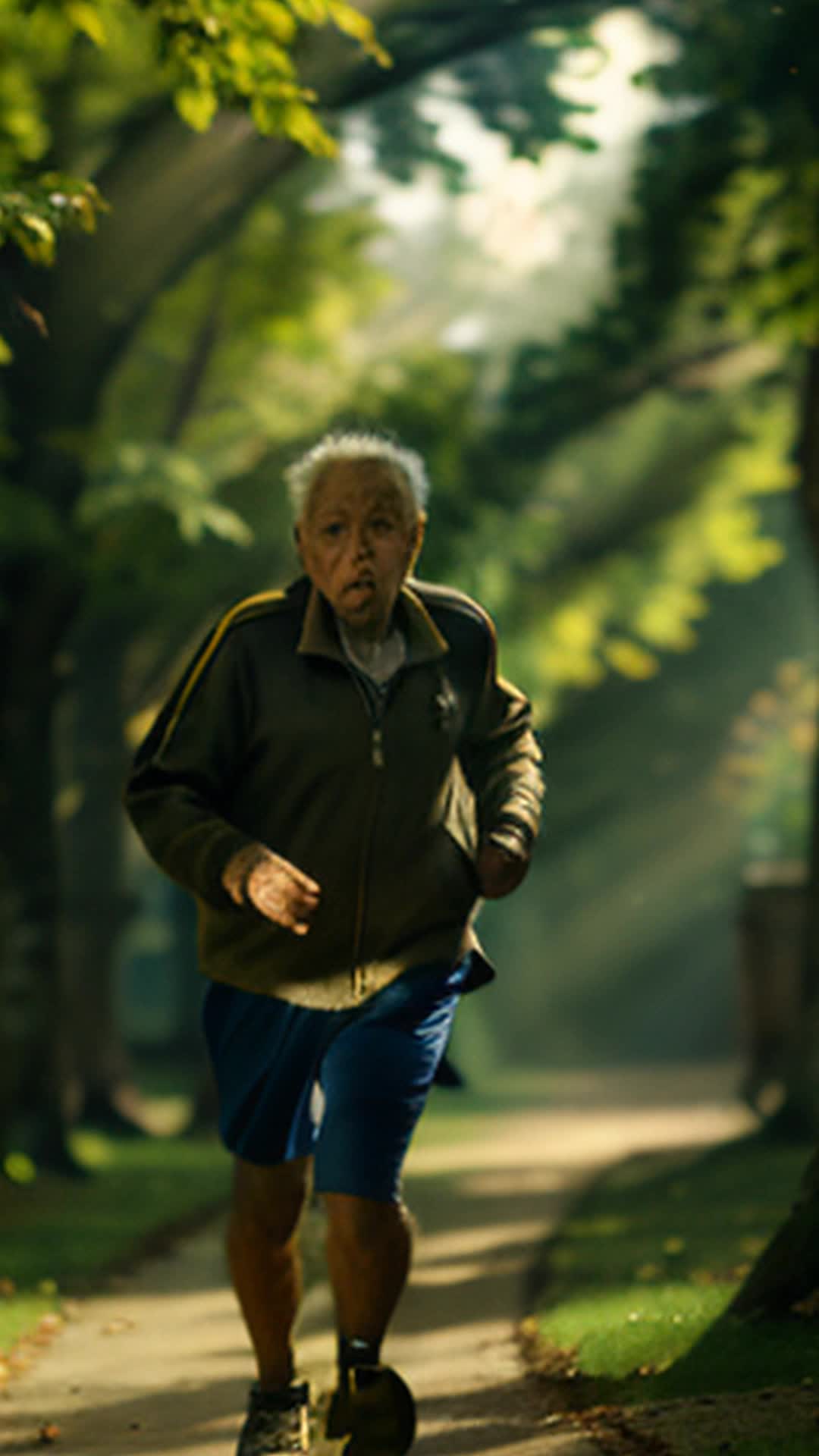 Old lady crying, background sounds echoing, surrounding trees, Harish Kumar running closer, vibrant motion blur, emotional intensity, high resolution, warm sunlight filtering through leaves