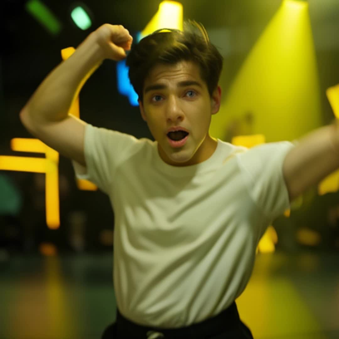 Man wearing white shirt, dancing wildly, flailing arms, chaotic movements, intense expression, energetic, midshot framing, backdrop blurred, vibrant colors, fastpaced music, stage lights flashing, vivid and dynamic, soft shadows, high contrast, highly detailed, sharp focus, cinematic feel, rendered by octane