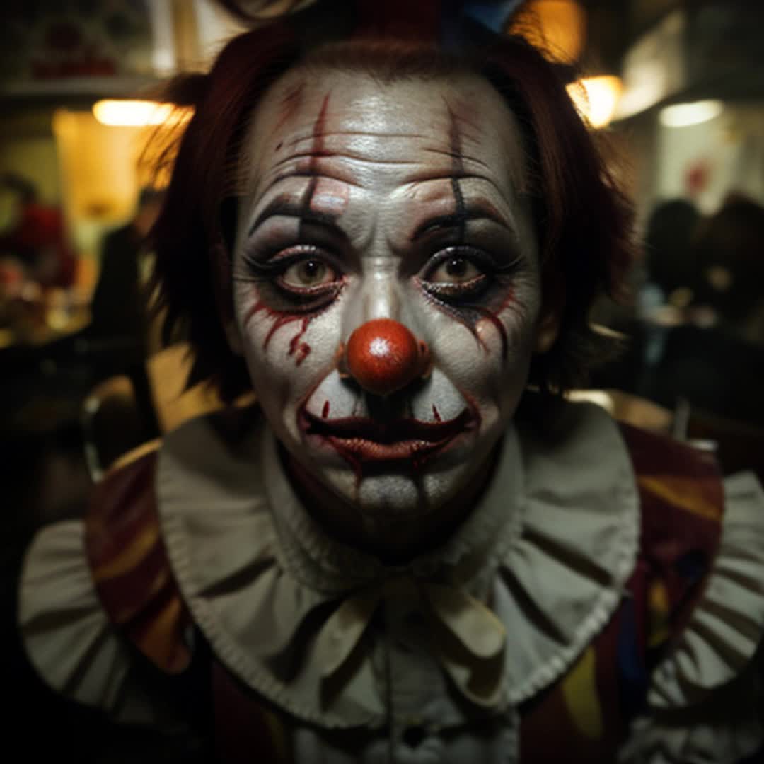 Creepy clown, gnarly red meat, grotesque feast, sinister expression, exaggerated makeup, dimly lit surroundings, dark shadows, eerie ambiance, closeup shot, detailed and sharp focus, nightmarish, unsettling atmosphere, rendered by octane