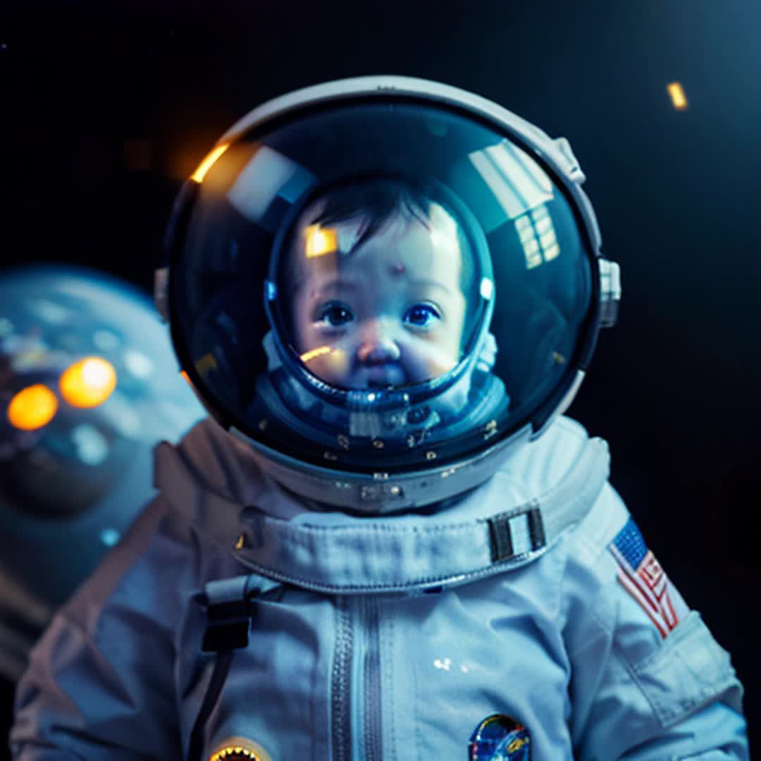 Adorable baby astronaut, white space suit, oversized helmet, floating in zero gravity, sparkling stars and distant galaxies, Earth visible in background, highly detailed and sharp focus, soft ethereal glow, whimsical and captivating, playful mood, wideangle shot, rendered by octane