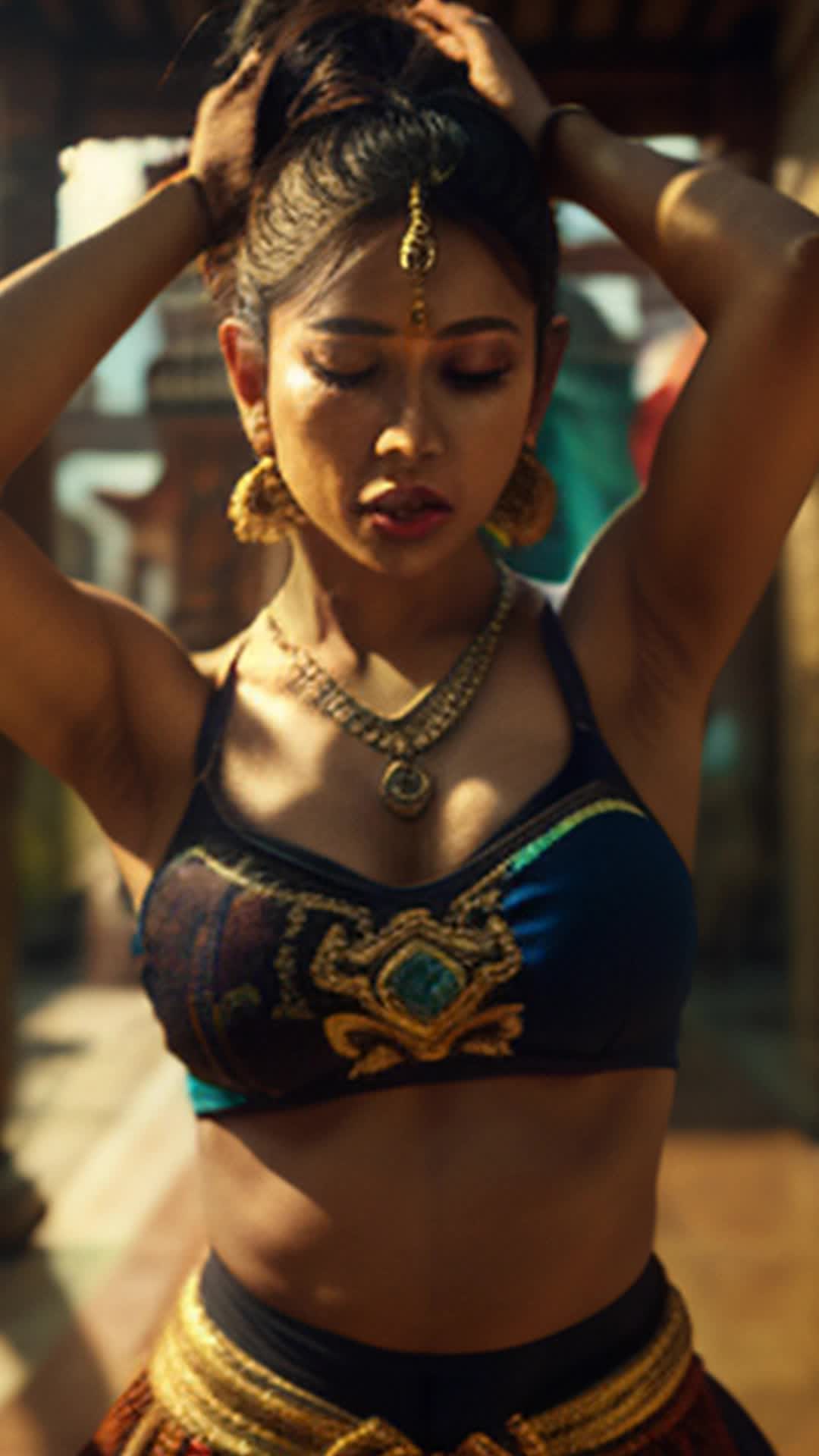Suma performing intricate dance moves, traditional attire with bright colors, rhythmic flow, background of ornate temple, natural setting, vibrant and dynamic, fluid movements, glowing skin, soft shadows, HD, highly detailed and sharp focus, cinematic lighting, rendered by octane, wideangle shot capturing entire performance