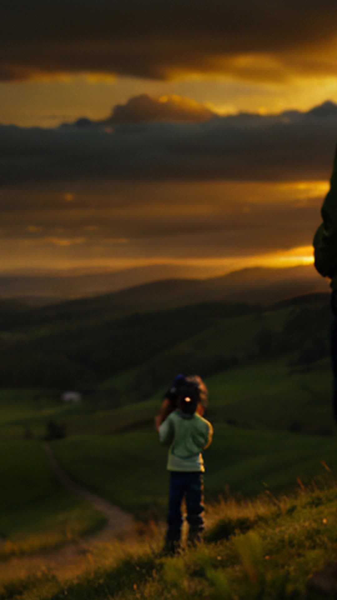 Twelve-year-old on small hill, capturing golden horizon with camera, serene landscape, soft glow of sunset, dynamic sky, sense of adventure, sharp focus