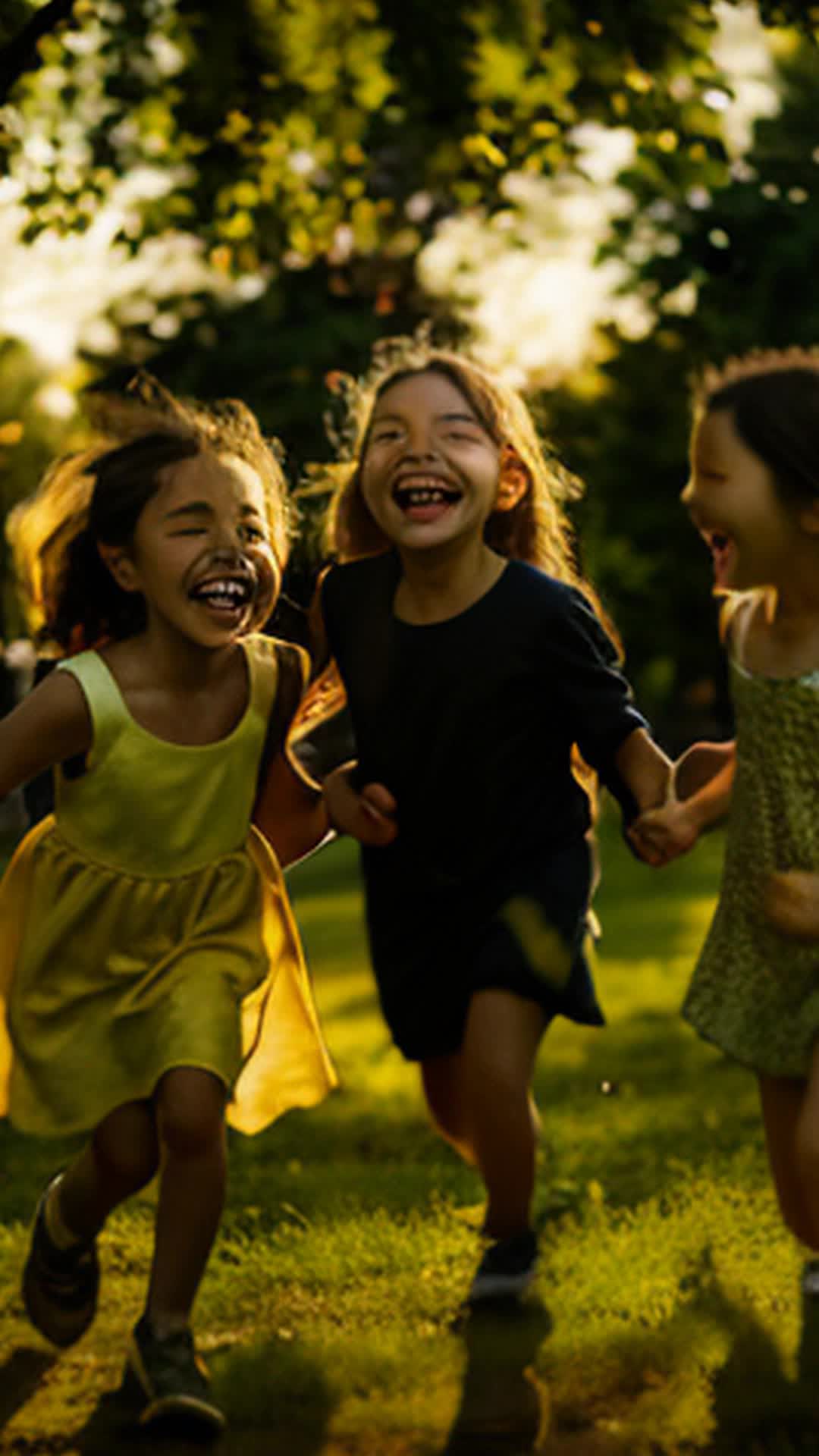 Children playing in park at sunset, vibrant photos, laughing friends, fluttering butterflies, golden sunlight, dynamic movement, capturing joyful moments