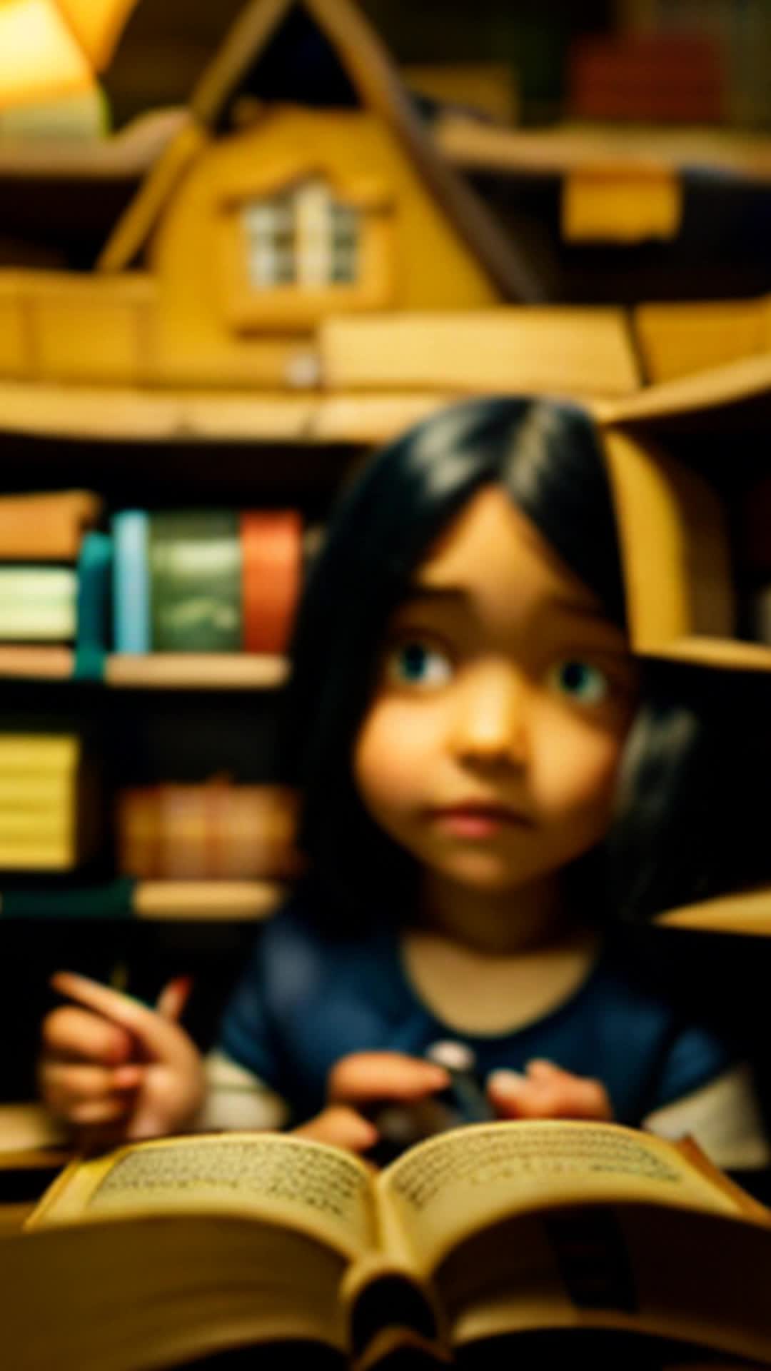 Little Nia, eight-year-old, local library, cardboard cutout house, tiny villager secret spy, animating storytelling, friend audience, detailed cardboard texture, imaginative play theme, soft ambient library lighting