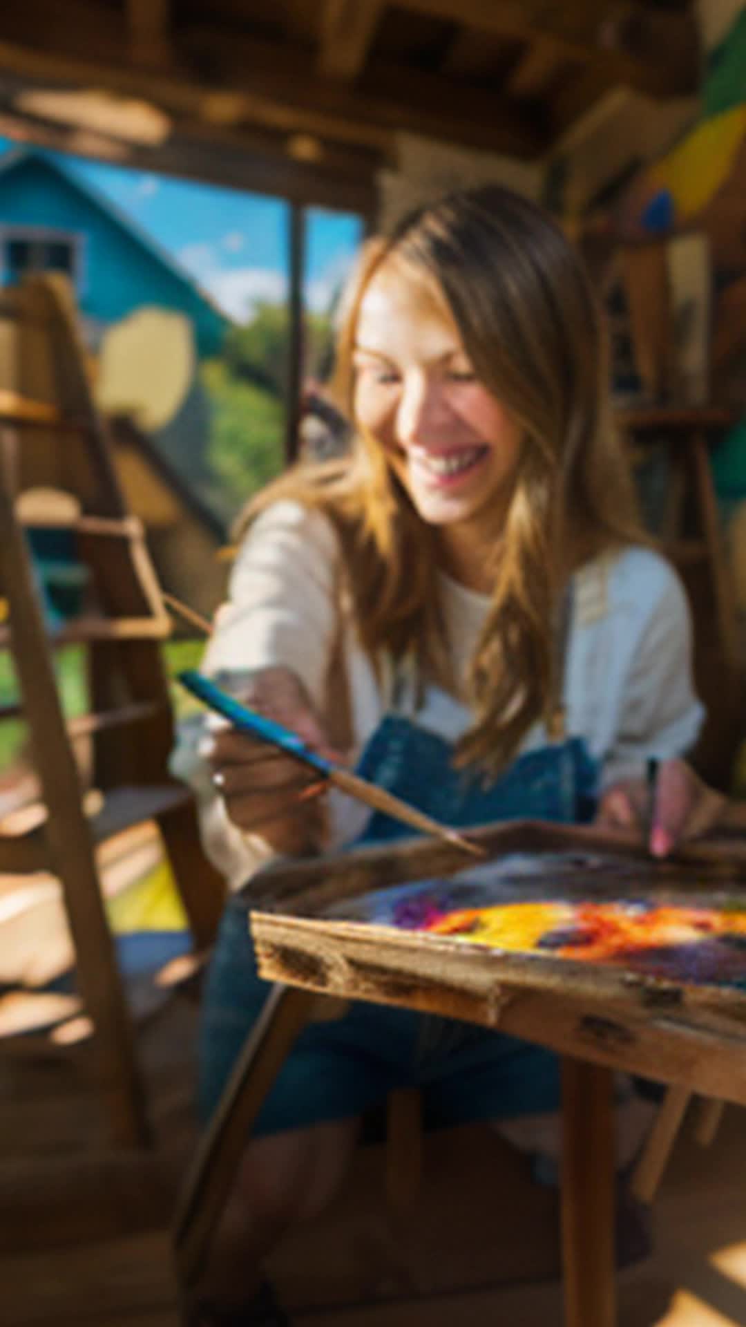 Eight-year-old friends painting mural in old farmhouse, colorful brushes and palettes in hand, playful laughter echoing, barn walls backdrop, kaleidoscope of hues, wide-angle shot, high resolution, vibrant and dynamic