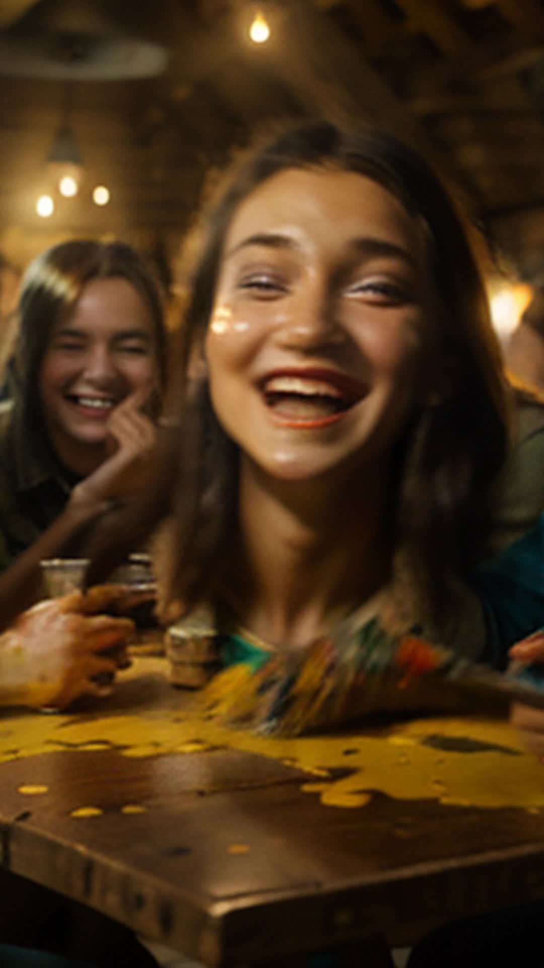 Group of young friends in creative debate, splattered paint around, lively discussions about art, rustic barn interior, cozy atmosphere, warm lighting, vivid colors, smiling faces, candid expressions