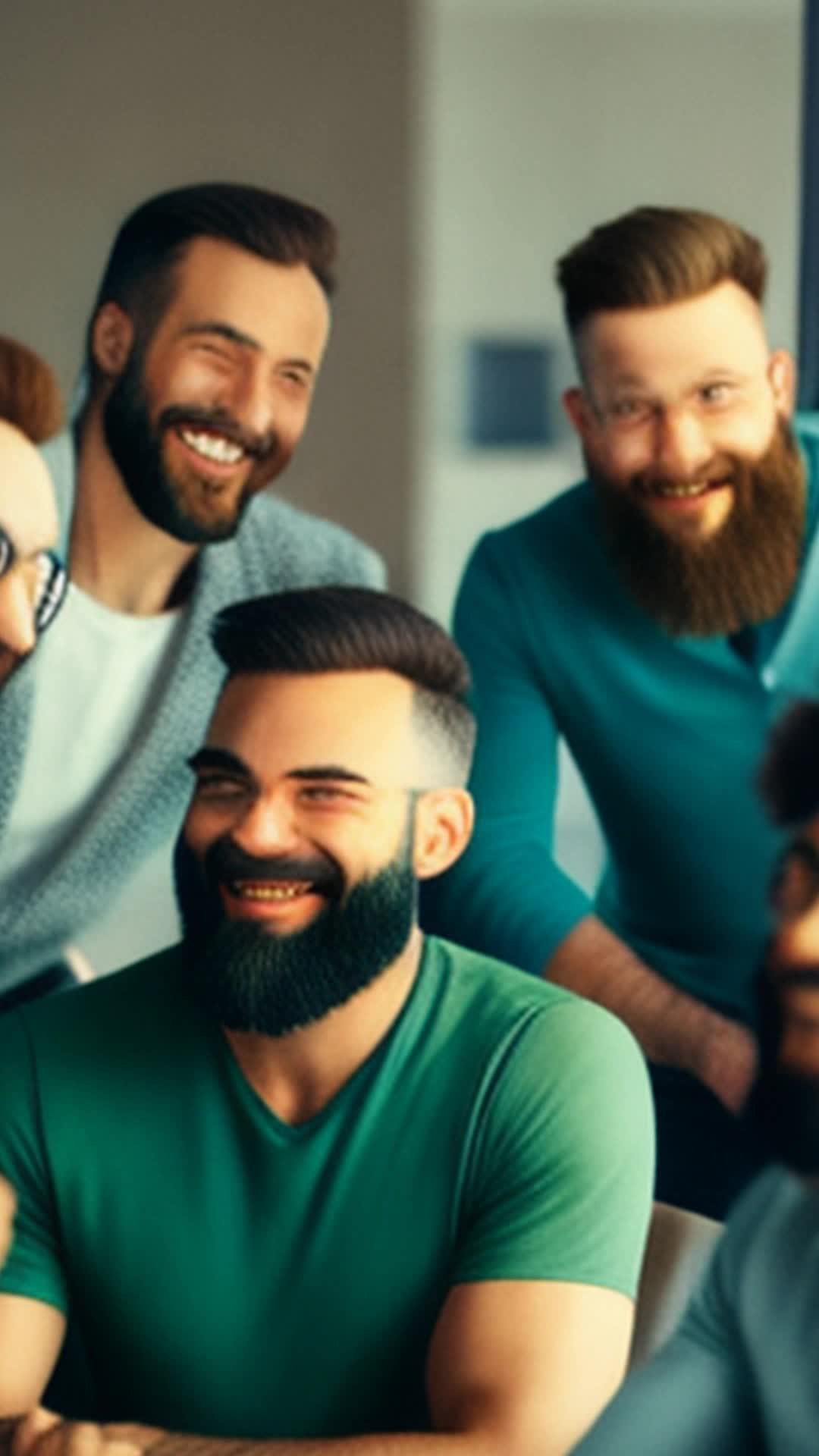 Happy users, diverse group of men with beards, discussing benefits, reduced patchiness, incorporating Beardly beard oil, casual setting, sharp focus, candid expressions, soft lighting