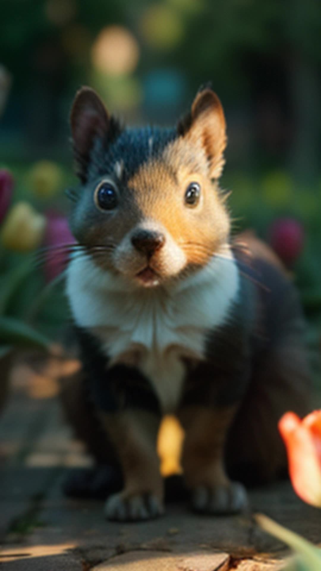 Mischievous puppy, vibrant tulip fields, Netherlands, dew-kissed petals, small paws, butterflies stirred, playful darting, curious squirrel joining, frolic action, rainbow tulips, friendly hedgehog, playfully nudging, new friendship, floral paradise, highly detailed, sharp focus, soft shadows