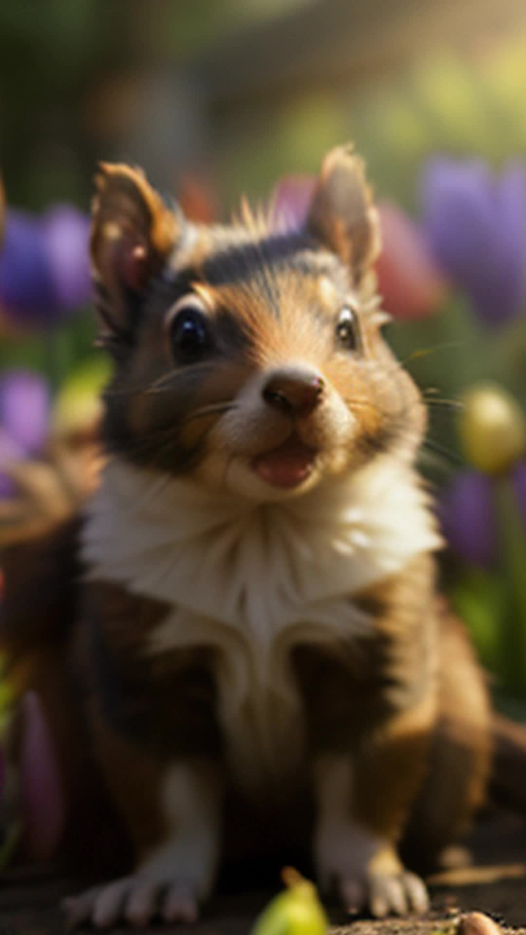 Mischievous puppy, vibrant tulip fields, Netherlands, dew-kissed petals, small paws, butterflies stirred, playful darting, curious squirrel joining, frolic action, rainbow tulips, friendly hedgehog, playfully nudging, new friendship, floral paradise, highly detailed, sharp focus, soft shadows